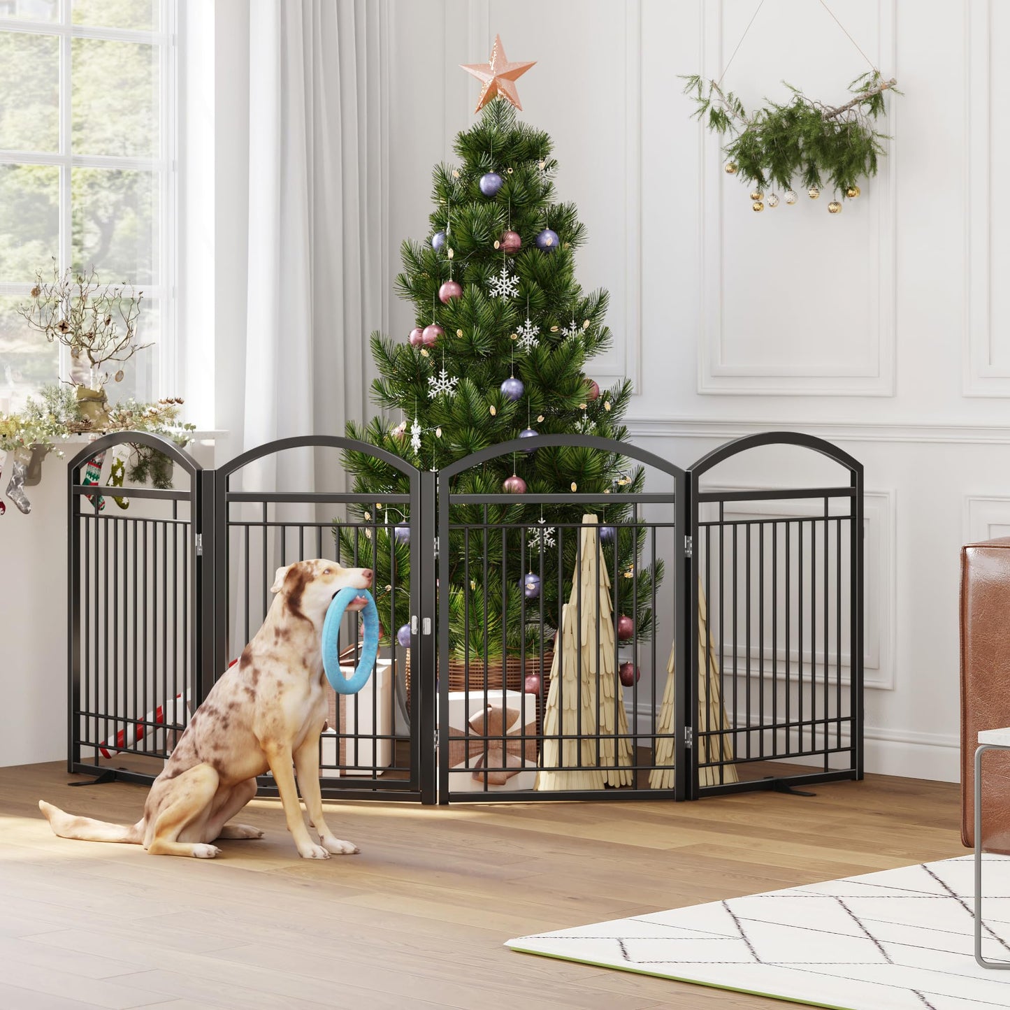 THKKY Folding No-Assembly Metal Freestanding Dog Gate with Door Walk Through,32" Height Pet Fence,96" Extra Wide Accordion Puppy Folding Playpen for Doorways,House,Stairs (4 Panels,Black)