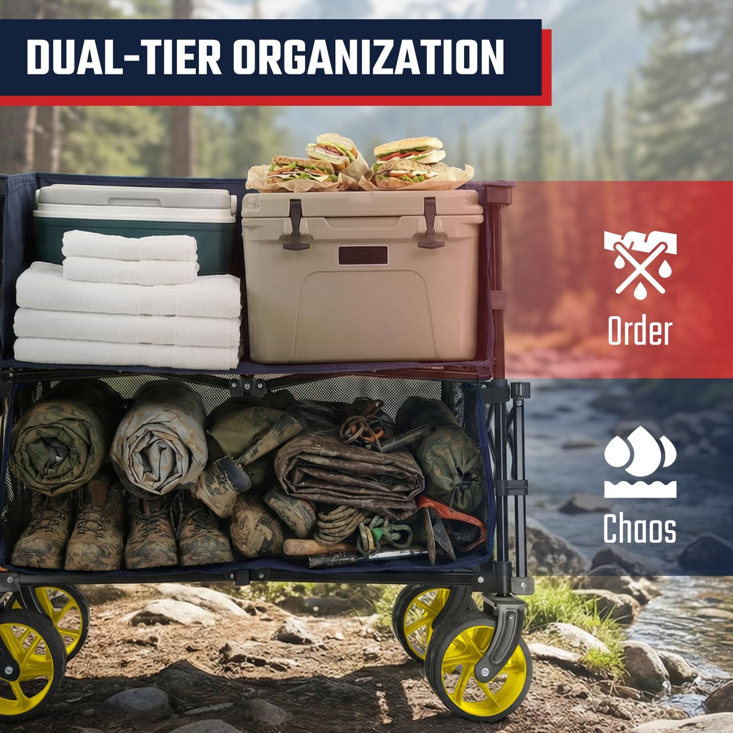 Sekey 500LBS Heavy Duty Double Decker Wagon with Extender, 400L Large Capacity Collapsible Garden Cart Fits 10x10 Canopy, All-Terrain Big Wheels with Brakes, Foldable Utility Wagon for Sports, Camping