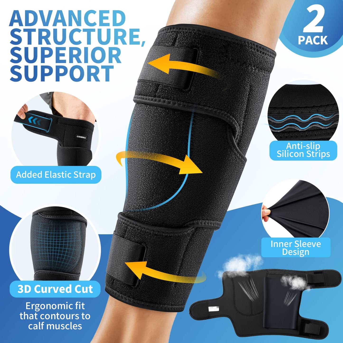Calf Brace for Torn Calf Muscle - 2 Pack Adjustable Neoprene Compression Sleeve & Wrap Support for Shin Splints, Strain, Leg Pain Relief - Calf Compression Sleeve for Men & Women (Black, Large)