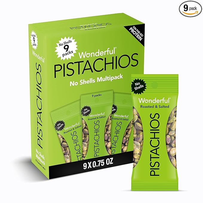 Wonderful Pistachios No Shells, Roasted & Salted Nuts, 0.75 Ounce Bag (Pack of 9), Protein Snacks, Gluten Free, On-the-Go, Individually Wrapped Snacks