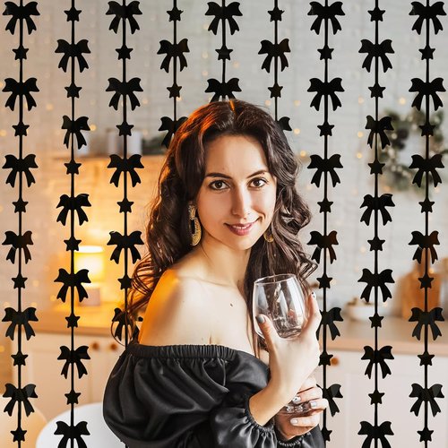Menstarsi Black Bow Party Decorations - 2 Pack Foil Fringe Curtains | 3.3 X 6.6 ft Backdrop for Events