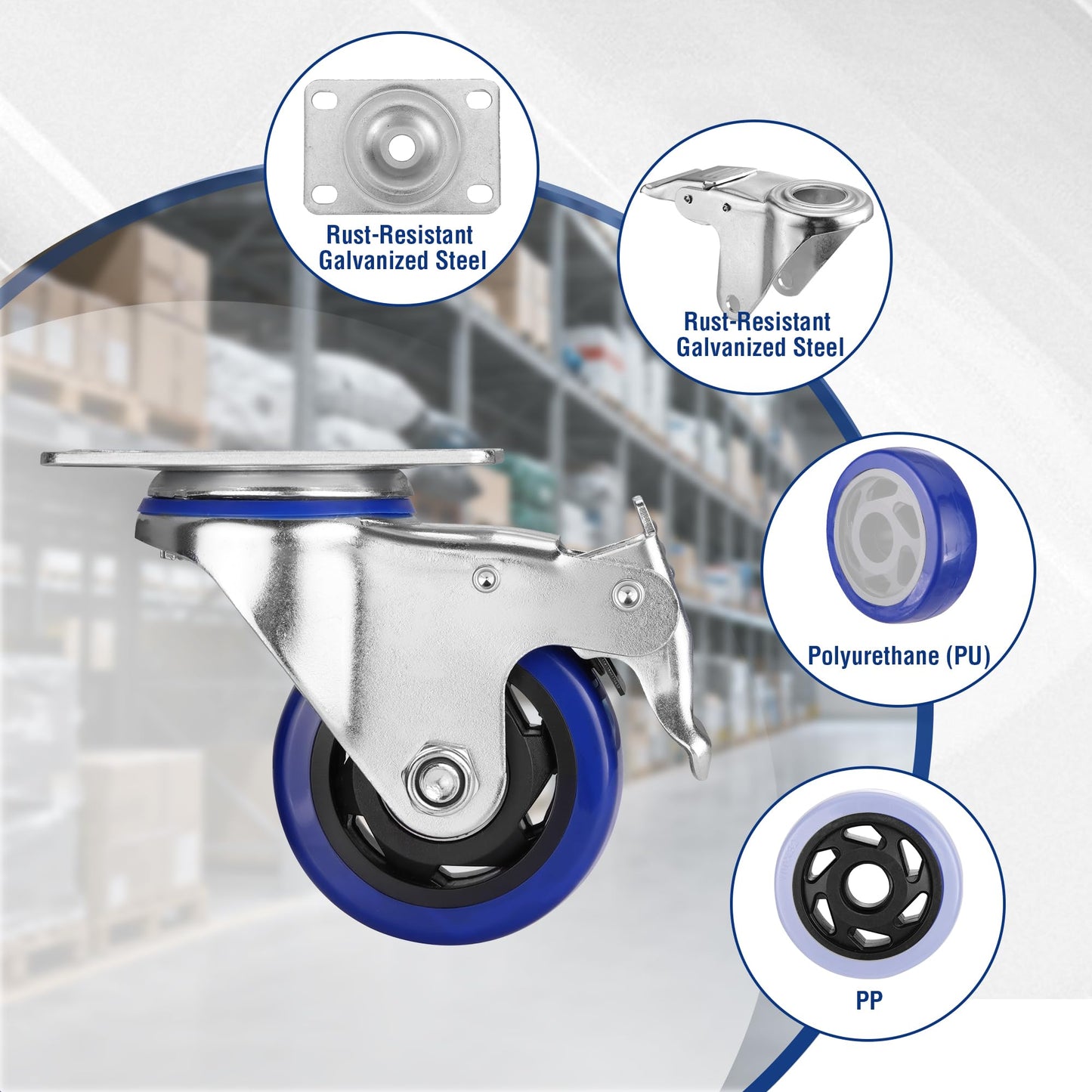 WORKPRO 3 Inch Caster Wheels, 1760LBS Heavy Duty Casters Set of 4, Swivel Casters with Brake, Locking Industrial Casters for Workbench, Furniture, Cart