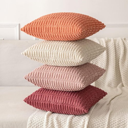 MIULEE Corduroy Throw Pillow Covers - Soft Boho Striped Design | 20x20 Inch Cranberry Red for Modern Home Decor