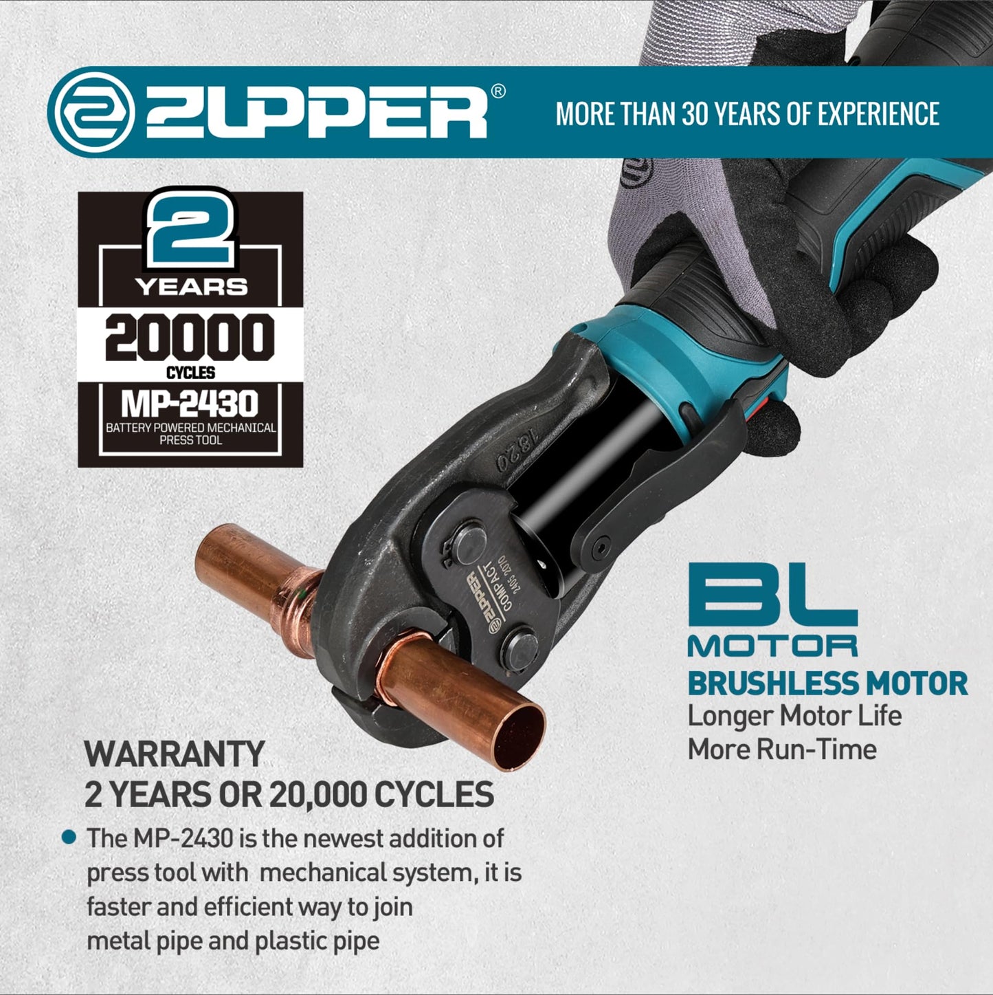 ZUPPER Press Tool, 18V Electric Pipe Crimping Tool for 1/2" to 1-1/4" Copper Pipes, Compact Press Tool Kit Suitable for Copper ProPress fittings - with Brushless Motor, 4 VUS Press Jaws, 2pcs Battery