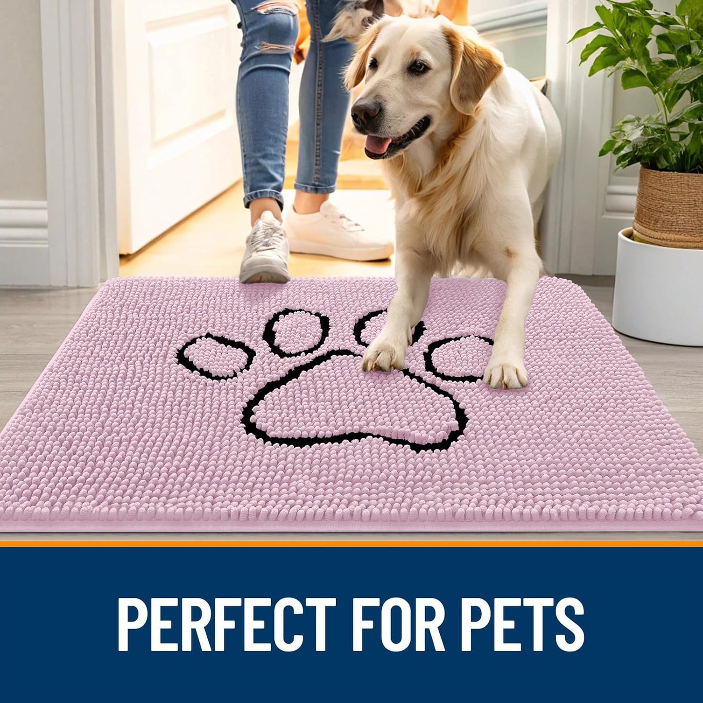 OLANLY Dog Door Mat - Absorbent Muddy Paws Doormat | Non-Slip Chenille, 48x30, Dusty Rose