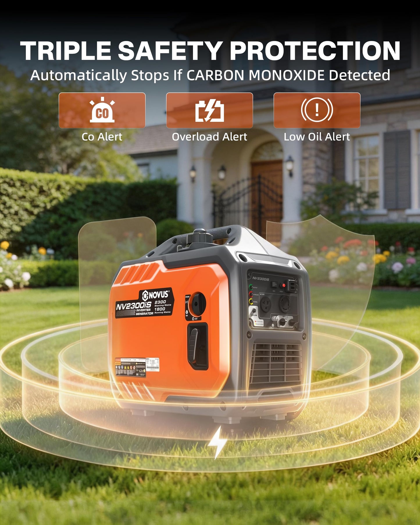 NOVUS 2300W Inverter Generator, Portable Gas Generator for Camping, Home and RV, Super Quiet and Lightweight, RV Ready with 30A Outlet, CO Sensor, Parallel Ready, ECO Model Feature, EPA Compliant