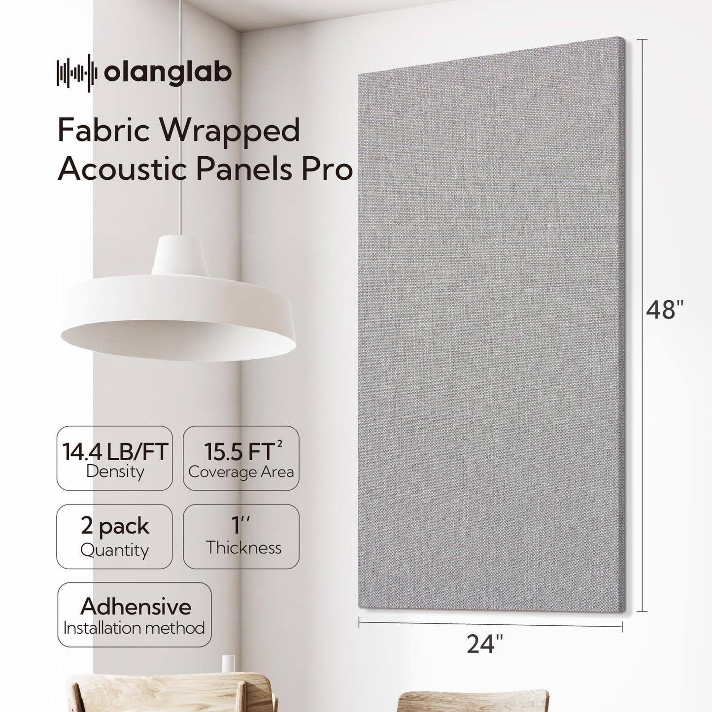 Olanglab Acoustic Panels 2 Pack, 48''x24'' Large Sound Panels, Fabric Wrapped Sound Proof Foam Panels for Walls, Sound Absorbing Panels for Recording Studio Acoustical Treatments (Light Grey)