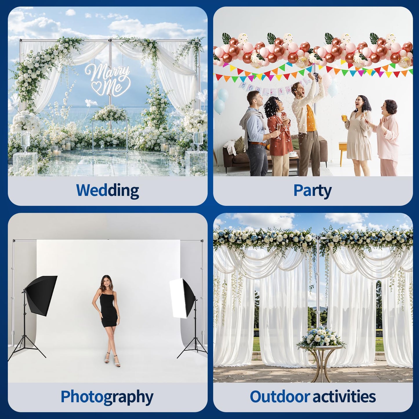 Qoolfoto Pipe and Drape Backdrop Stand, 20x10ft Heavy Duty Adjustable Background Frame with Metal Base, Back Drop Holder for Parties Photography Wedding Photoshoot Decoration