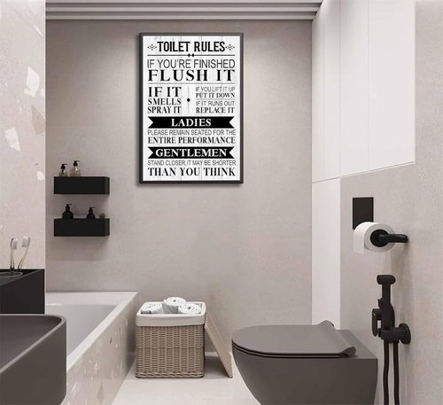 Funny Toilet Rules Quotes Canvas Wall Art - Black & White Humor for Eclectic Bathroom Decor
