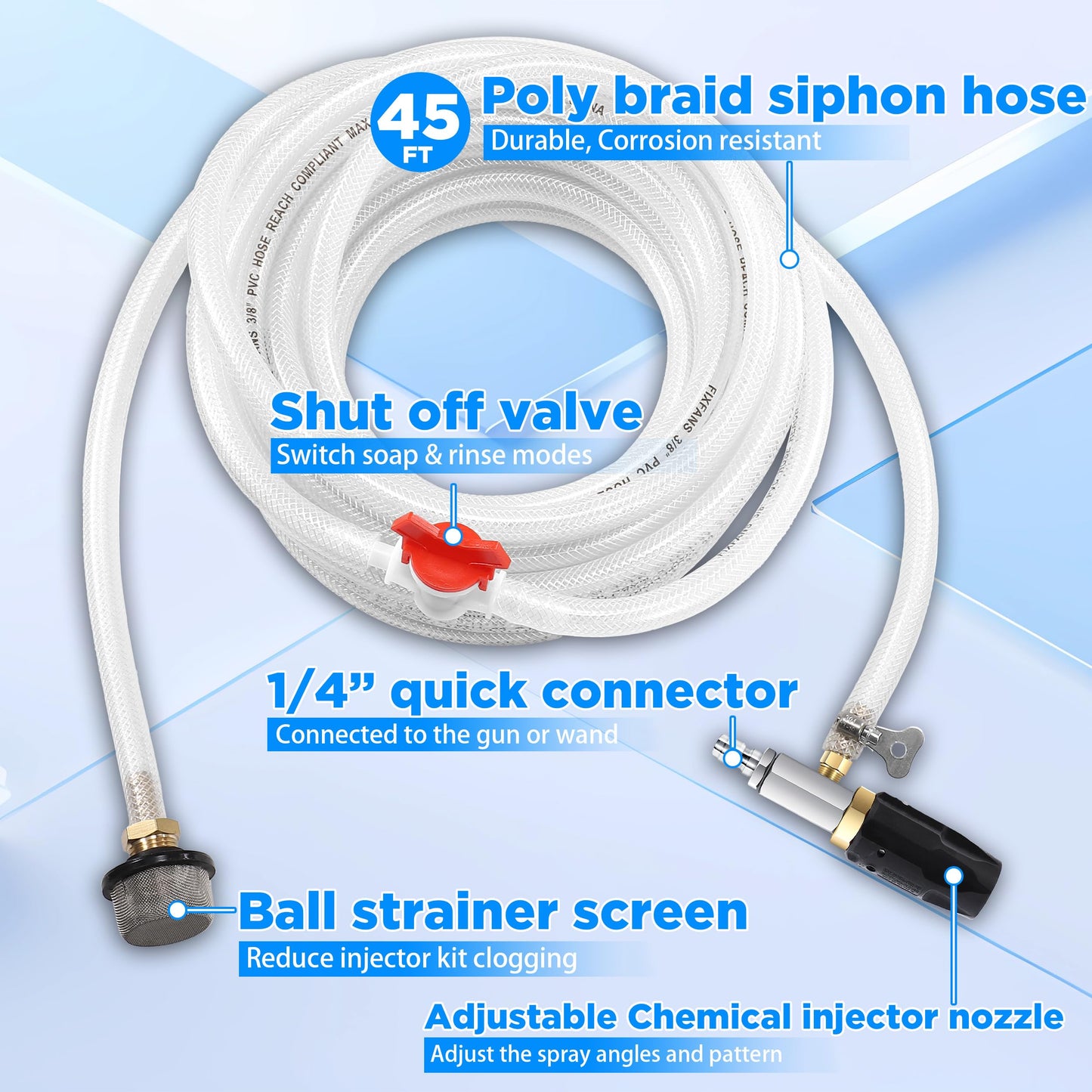 FIXFANS Adjustable Pressure Washer Long Range Nozzle 5-6.5 GPM with 45 FT Braid Hose, Downstream Injector Power Washer Spray Nozzle Kit, External Chemical Injection, 1/4'' Quick Connect, 2500-4000 PSI