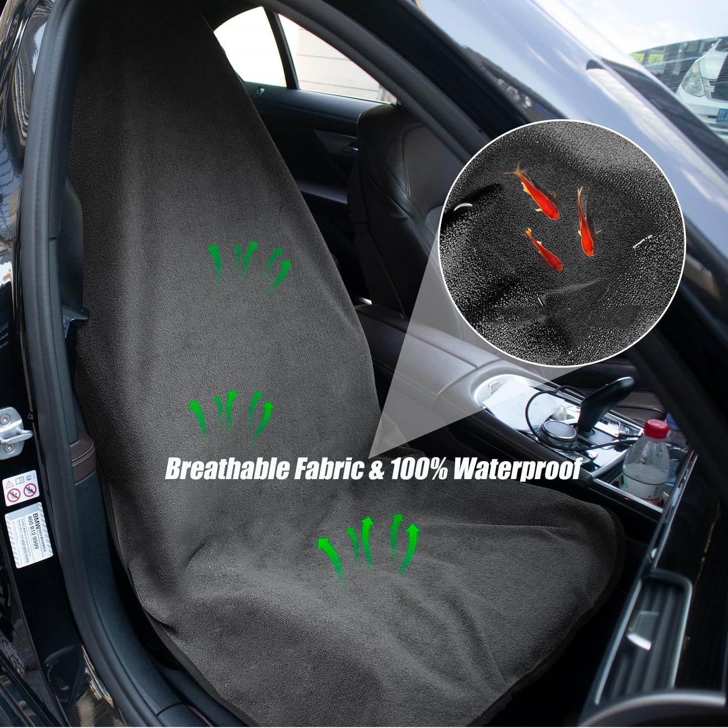 2 Pack Waterproof Sweating Car Seat Cover for Post Gym Workout, Running, Swimming, Beach and Hiking, Universal Fit Non-Slip Towel Bucket Seat Protector for Cars SUV Trucks, Machine Washable (Gray)