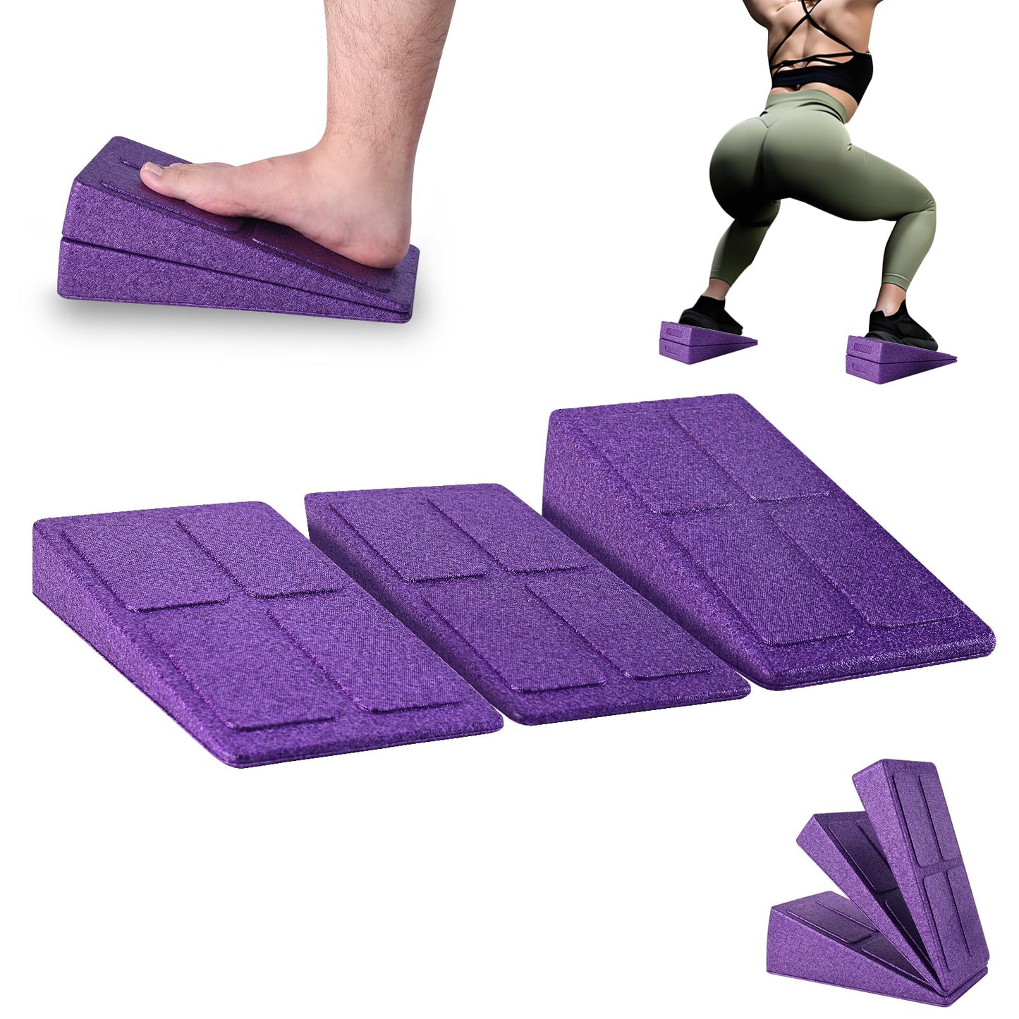 Slant Board Squat Wedge for Calf Stretching，3 Pcs 12" x 6.3" Foot Stretcher Balance Board for Plantar Fasciitis, Adjustable Foam Slant Board Wedge Great for Exercises (Purple)