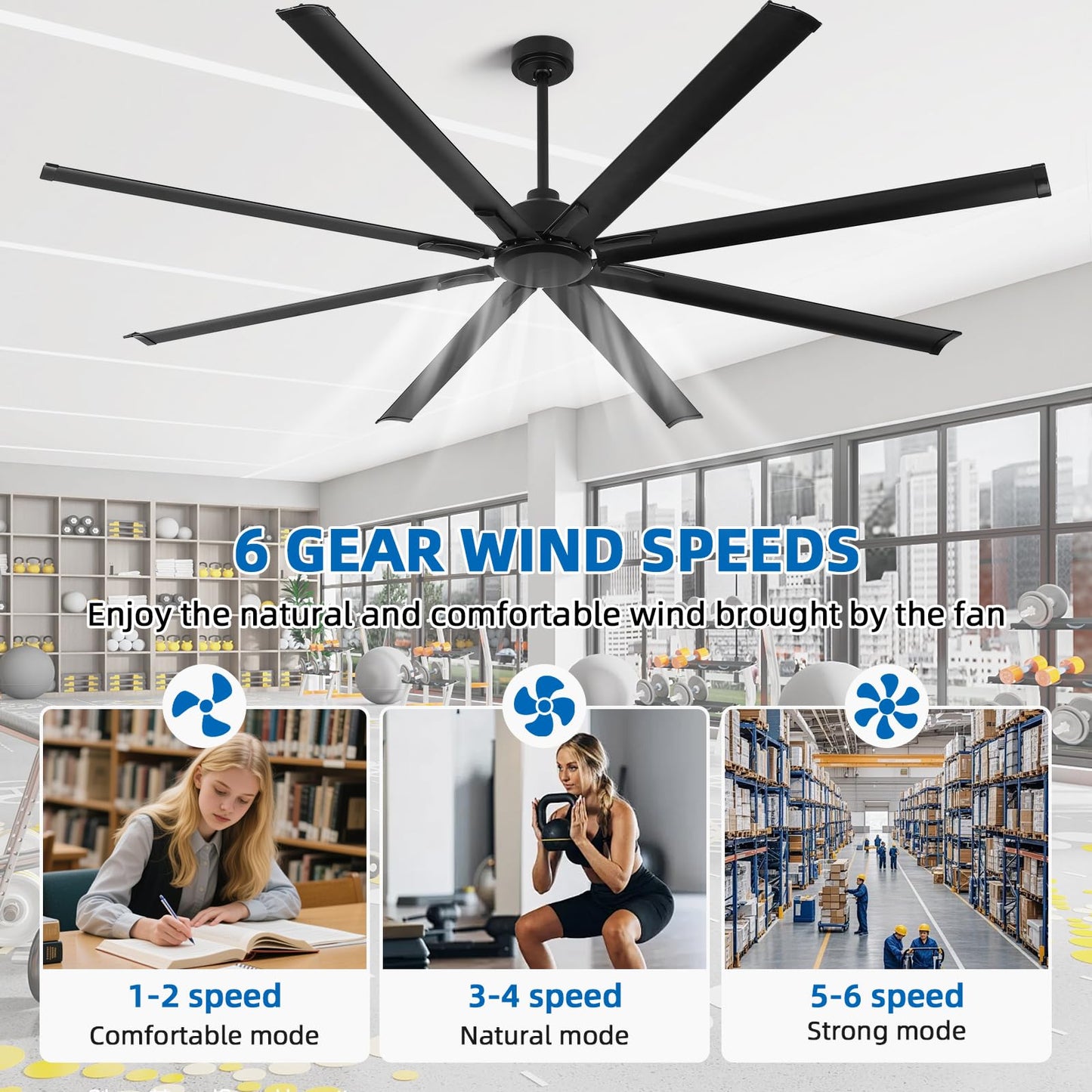 YYEHON 96 Inch Large Industrial Ceiling Fan no Lights, Reversible DC Motor, 3 Downrods, 6 Speed Remote Control, 8 Aluminum Blades, Outdoor Black Fans for Shop/Gym/Warehouse/Garage