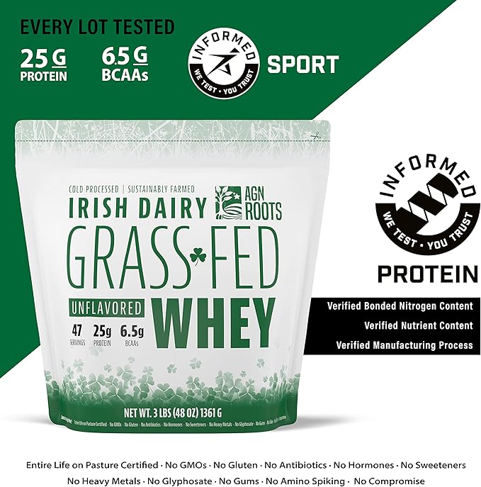 Grass Fed Whey Protein Powder Isolate - Unflavored - Unsweetened - Certified Entire Life On Pasture - A Greener World - ASPCA Registered Brand List - Informed-Sport - 3lbs