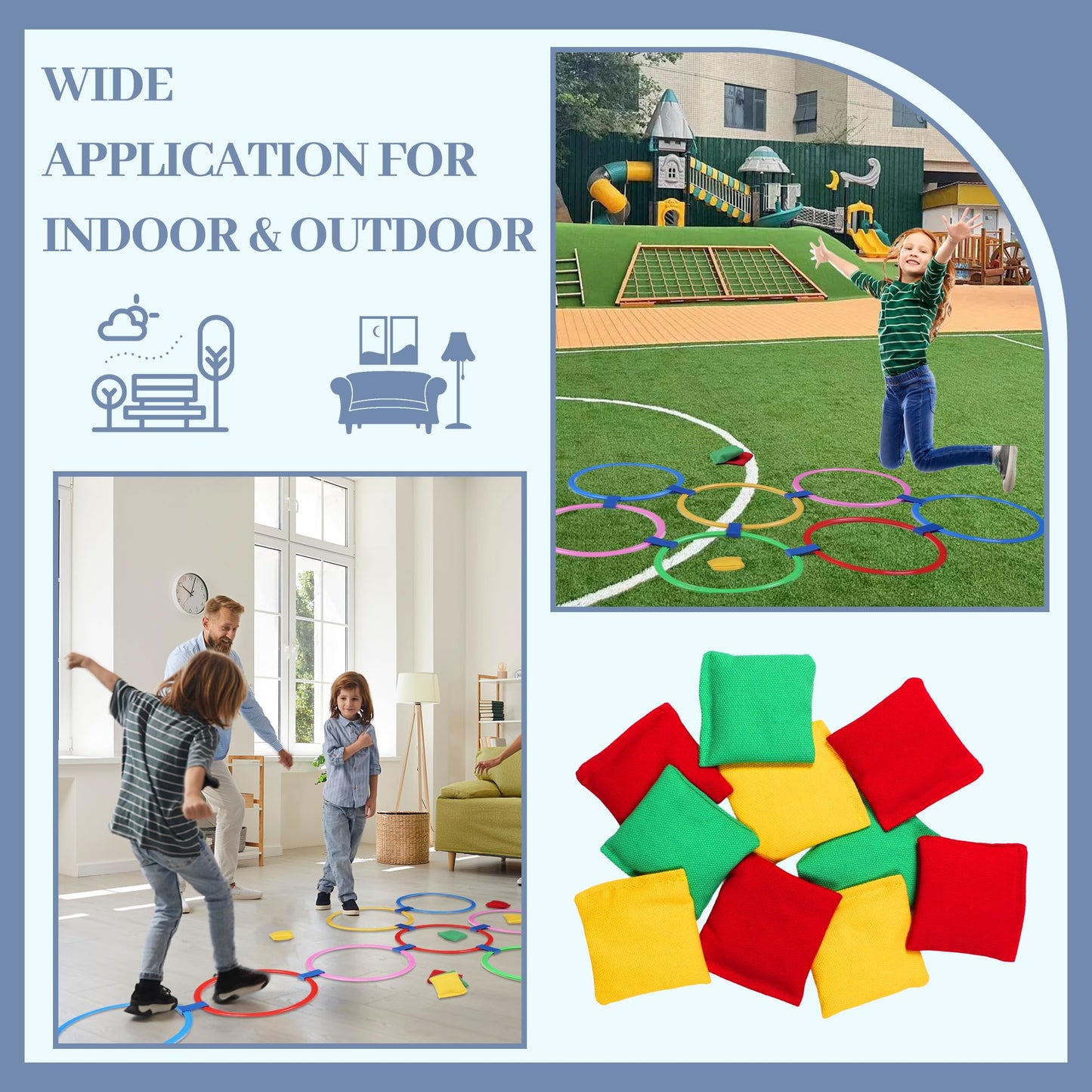 WTYIY Multi-Game Hopscotch Set with Toss Bean Bags, Hopscotch Ring Game for Kids, Outdoor Physical Games Promoting Coordination, Durable Playground Toys for Boys and Girls