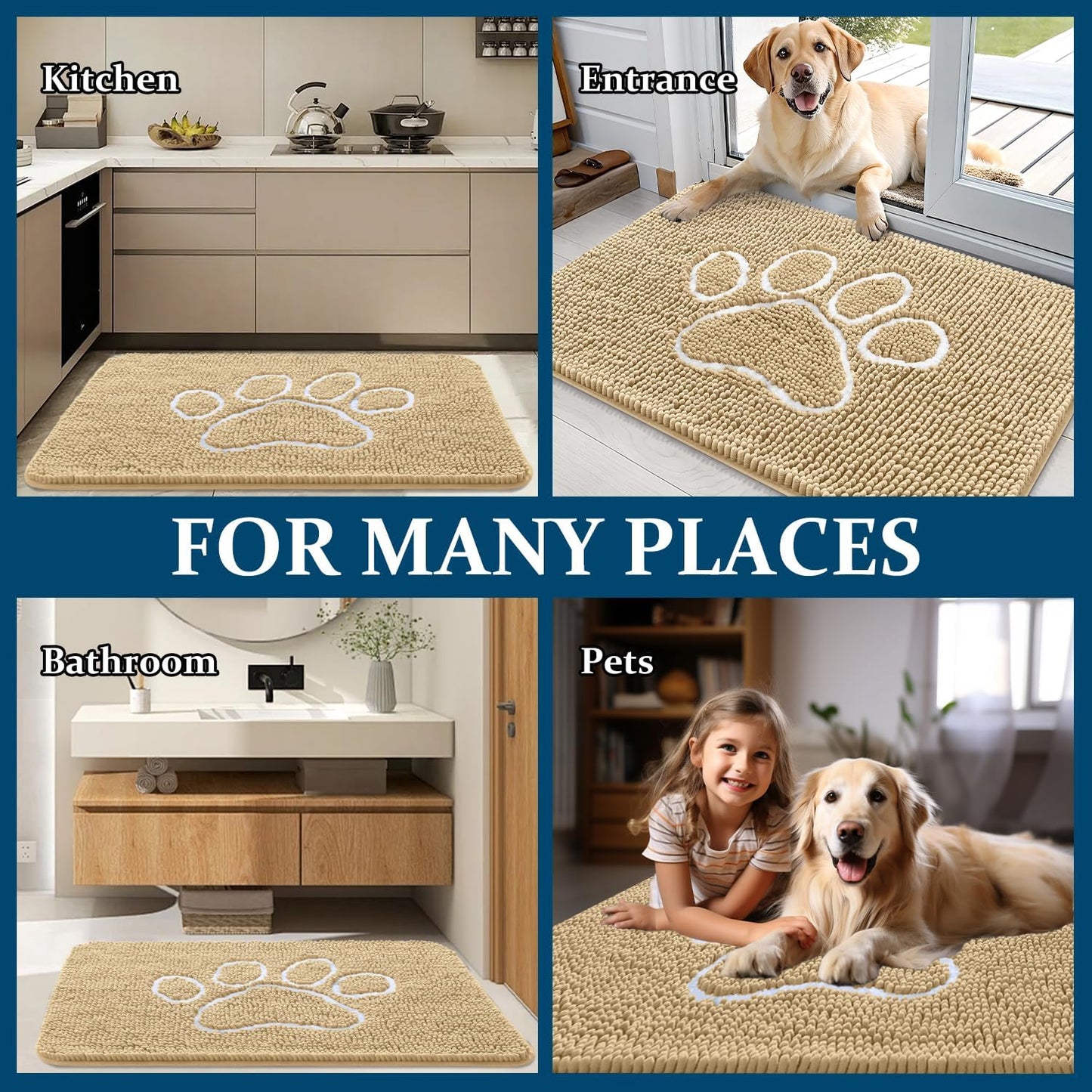 OLANLY Dog Door Mat - Absorbent Non-Slip Mud Mat for Muddy Paws | 47x24 Paw Print Design, Quick Dry Beige