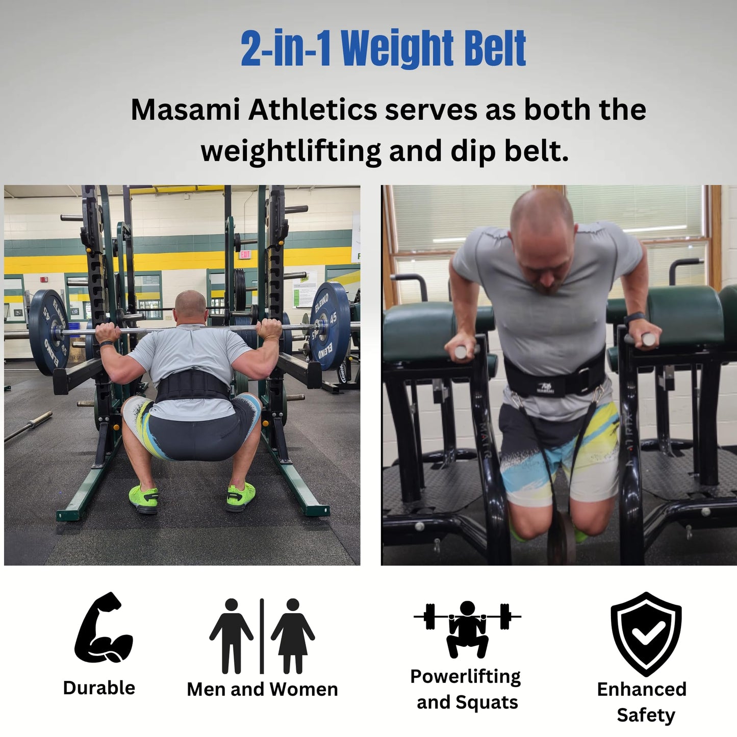 Masami Athletics 2-in-1 Weight Lifting Belt with Gloves - Self-Locking Weightlifting & Dip Set Belt with Rope & Gloves - Multi-Functional Belt for Lifting, Squats, Dips