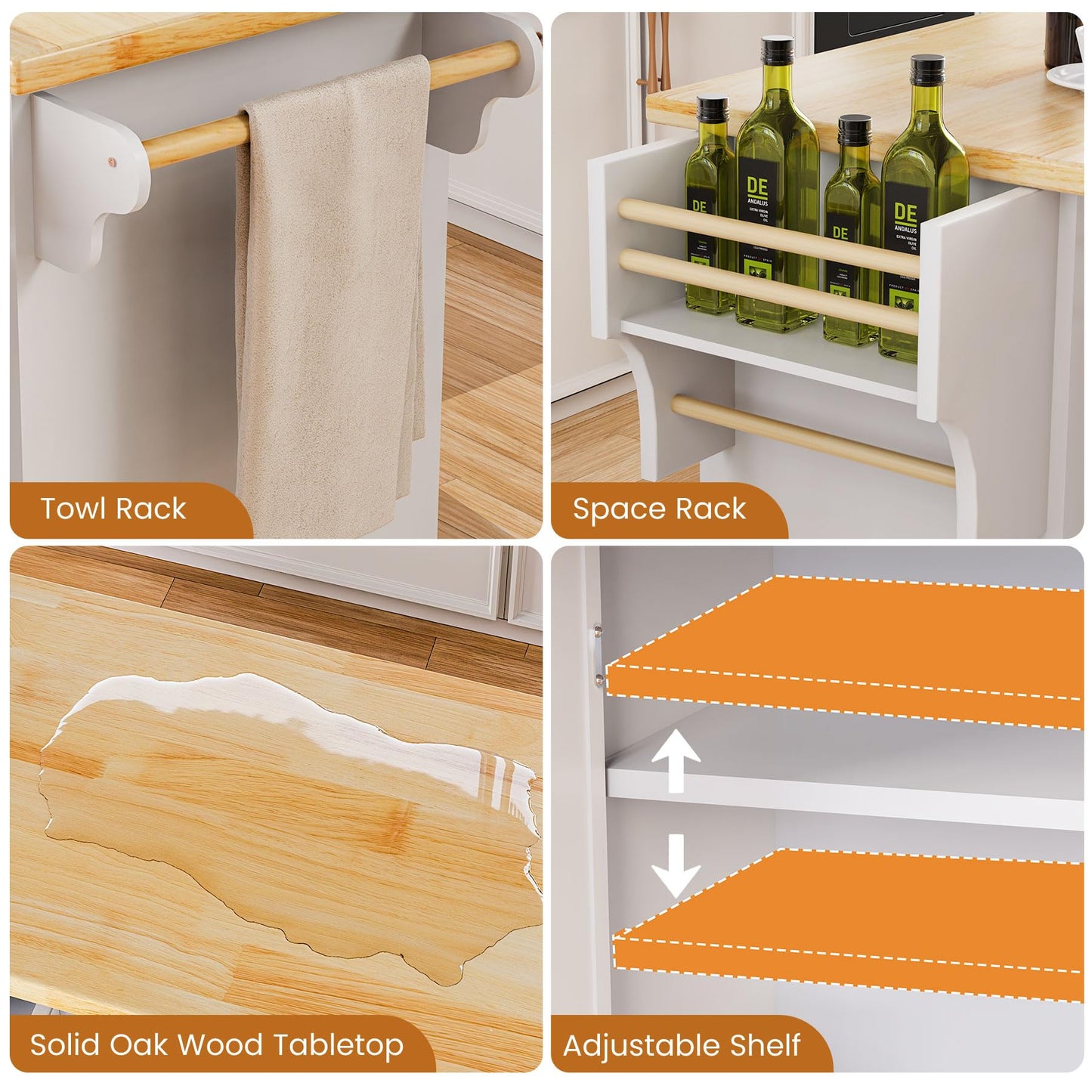 HiDSLiving Kitchen Island with Storage 54" Large Rolling Kitchen Island Cart On Wheels 2 Cabinets 2 Drawers,Spice Towl Rack Mobile Kitchen Table White (No Drop Leaf)