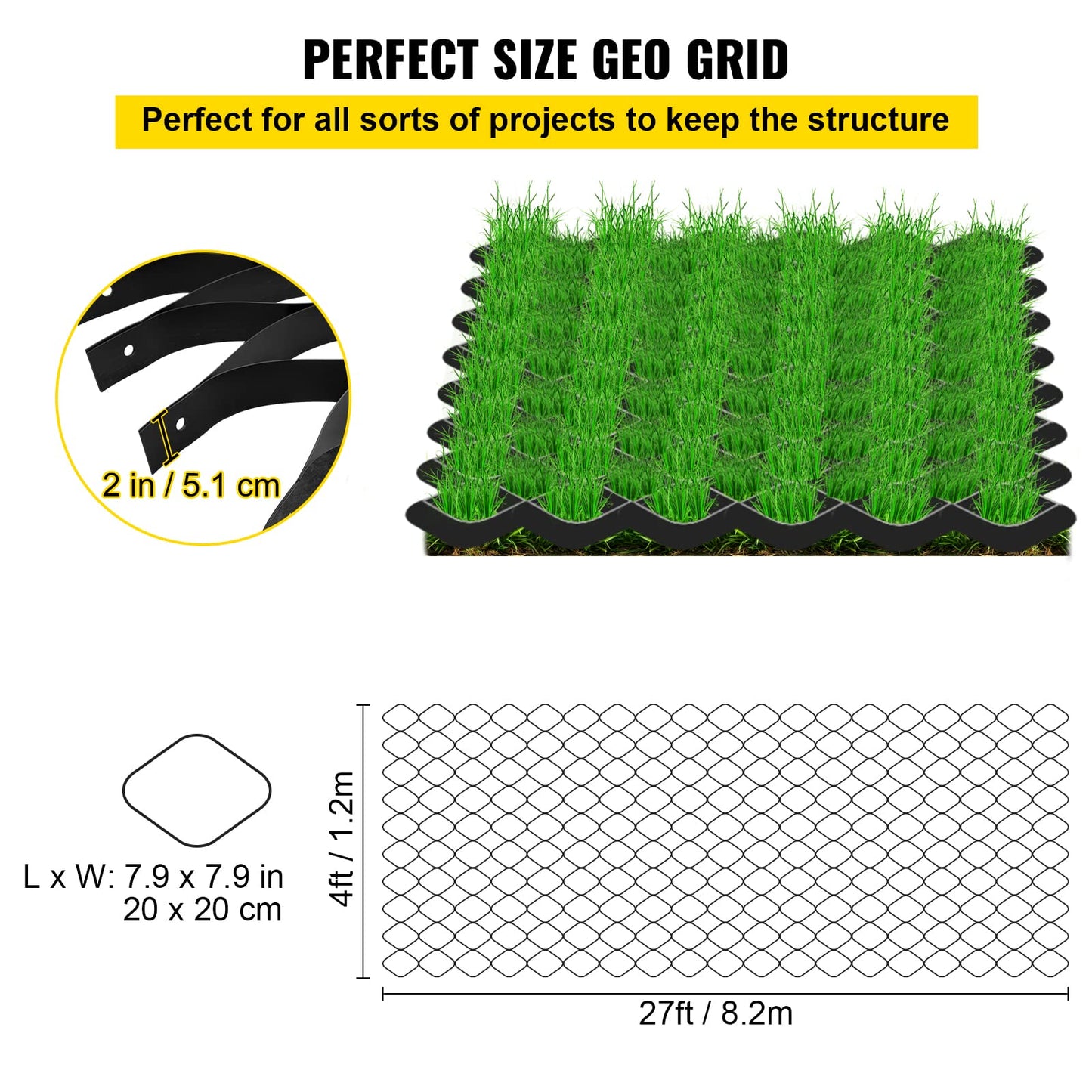 VEVOR Ground Grid 27 ft x 4 ft, 1885 lbs per Sq Ft Load Geo Grid, 2" Depth Permeable Stabilization System for DIY Patio, Walkway, Shed Base, Light Vehicle Driveway, Parking Lot, Grass, and Gravel