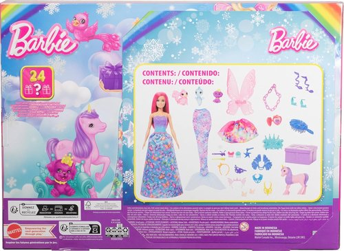 Barbie Advent Calendar - Doll with 24 Surprise Accessories, Unicorn & 3 Pets | Transform Pink-Haired Fashion Doll into Mermaid & Fairy
