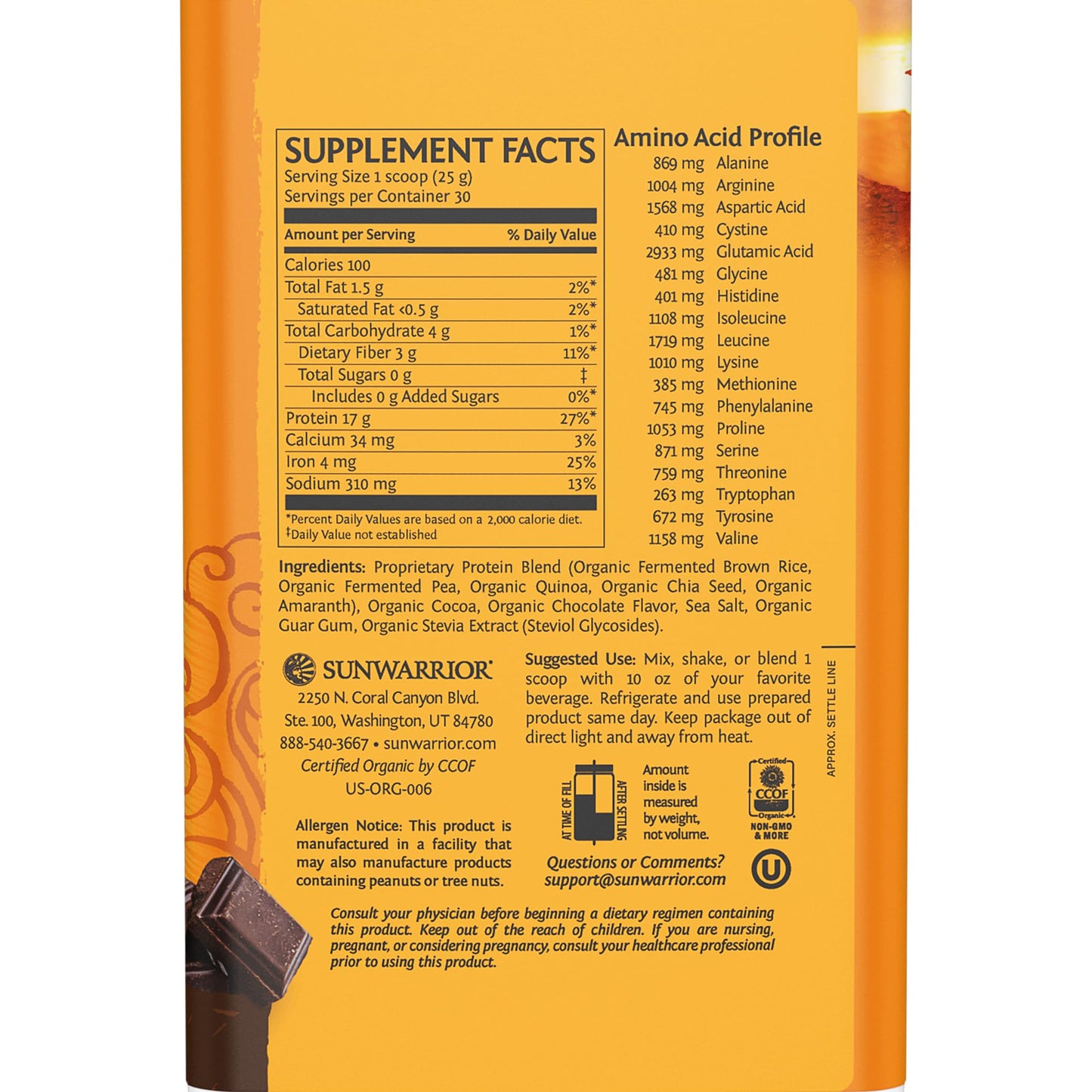 Sunwarrior - Classic Plus, Vegan Protein Powder with Peas & Brown Rice, Raw Organic Plant Based Protein, Chocolate, 30 Servings