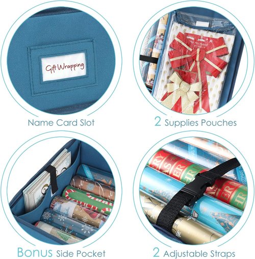 Hearth & Harbor Wrapping Paper Storage Container - Tear-Proof Christmas Gift Wrap Organizer | Fits 22 Rolls, Blue