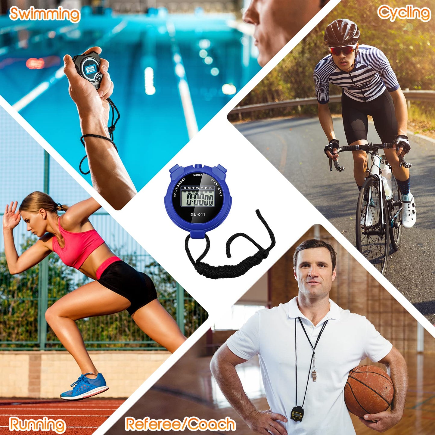 TOODOO 12 Pack Multi Function Digital Stopwatch Timer Bulk Sports Stopwatch with Lanyard Plastic Display Waterproof Date Time Alarm Timer for Coaches Fitness Referees(Black Blue Red Orange)