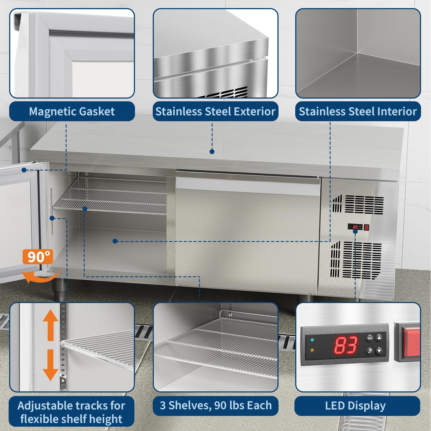 71" Undercounter Commercial Prep Table Freezer – 18 cu. ft. Stainless Steel, 2-Door Frost-Free Freezer Station with Worktop, for Restaurants, Bars, & Food Service"