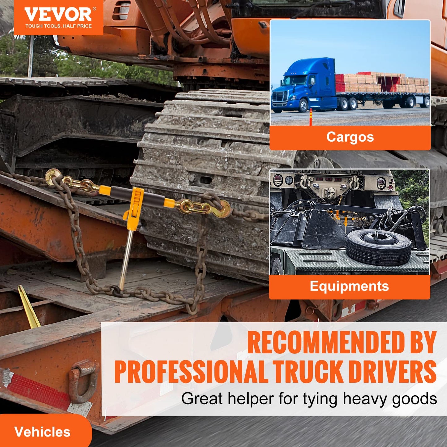 VEVOR Ratchet Chain Binder 3/8-1/2 12000 lbs G80 Hook Detachable Handle Heavy Duty Load Binder, Tie Down Hauling Chain Binders for Flatbed Truck Trailer, Black & Yellow
