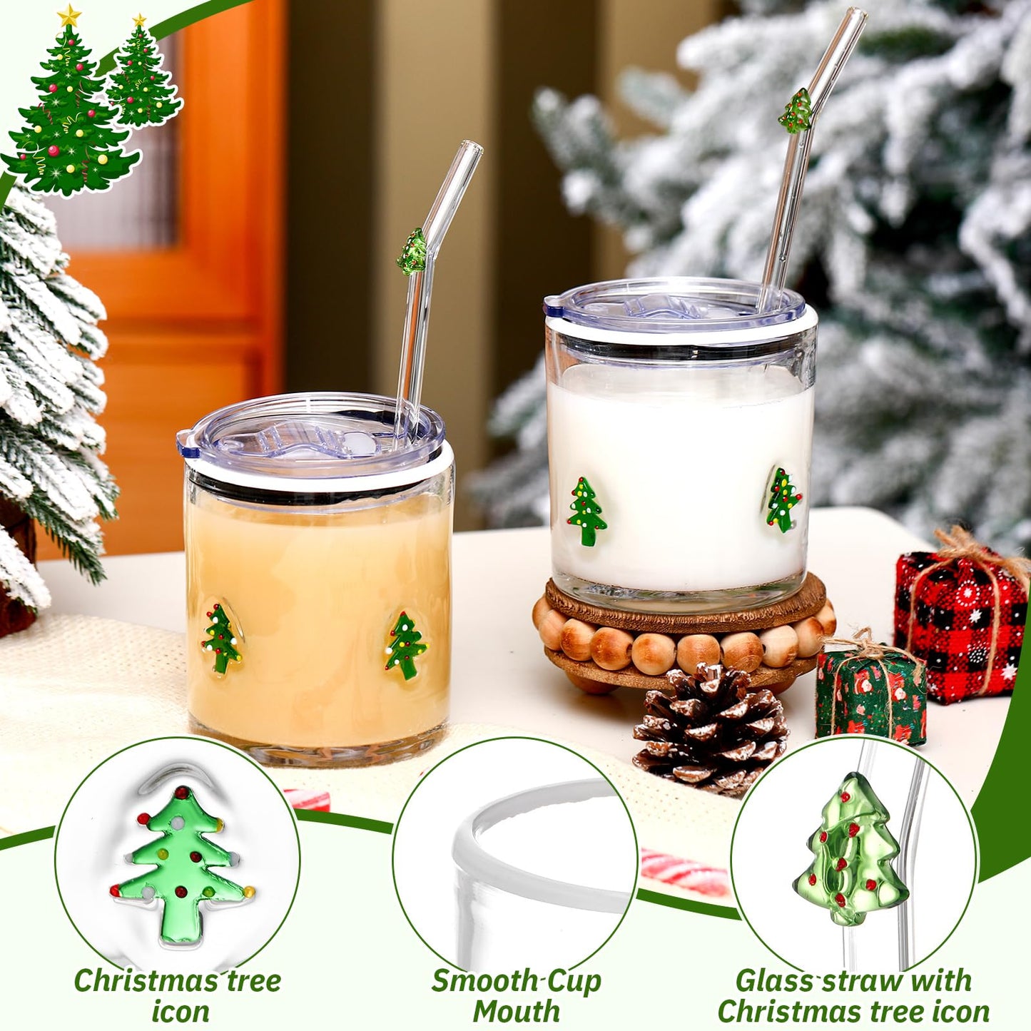 Patelai 2 Pcs Christmas Tree Icon Glasses Cups with Lids and Straws 15oz Reusable Drinking Iced Coffee Glass Cups Cute Xmas Tumbler Gifts for Christmas Adults Women Men Holiday Stocking Stuffer
