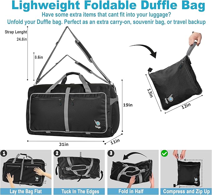 Bago Large Foldable Duffel Bags for Traveling Women & Men - 120L Packable Duffle Bag for Travel with Shoe Compartment - Water Repellant, Heavy Duty, Lightweight Folding & Collapsible (Black)