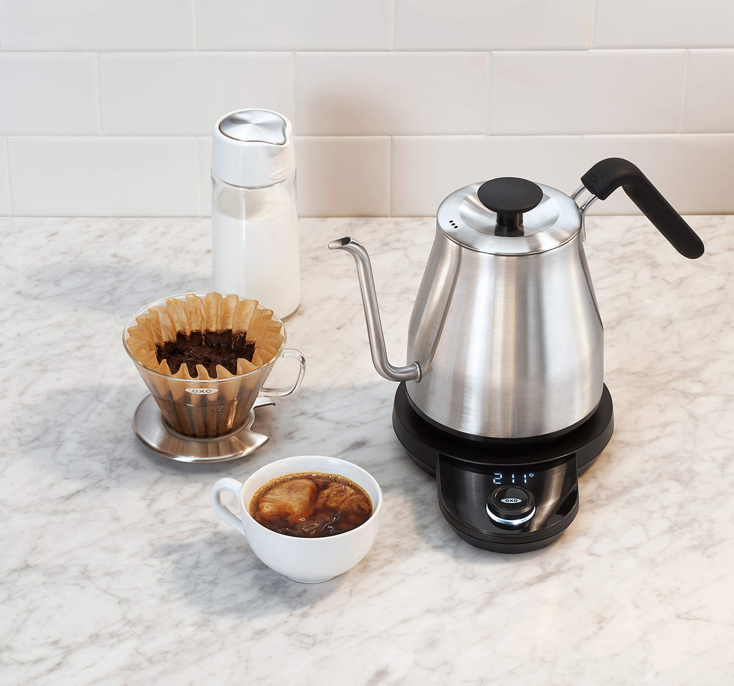 OXO Brew Adjustable Temperature Pour Over Kettle, 1 L, Gooseneck Electric Kettle, Stainless Steel with Timer