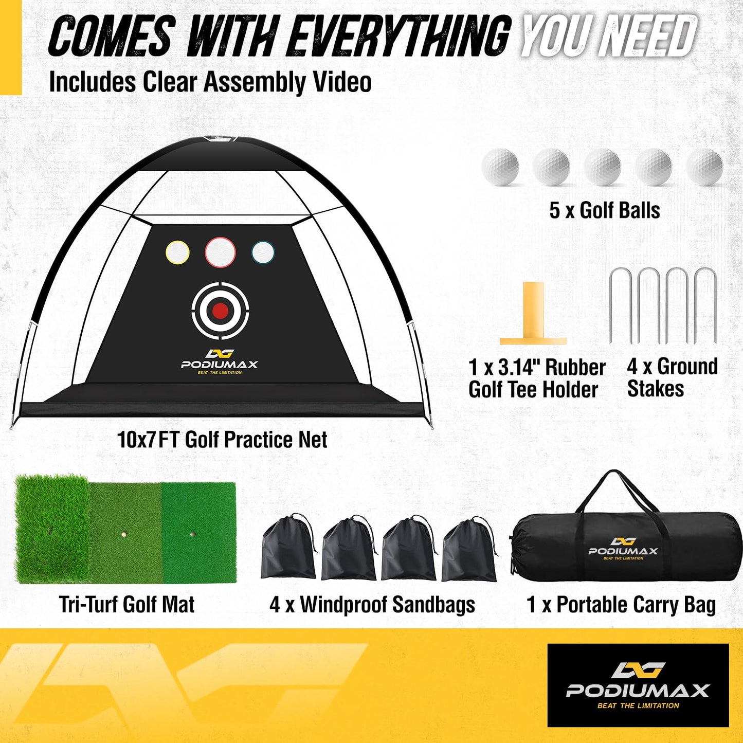 PodiuMax Golf Net, 10x7ft Golf Practice Net and Mat, Noise Reduce Target, 5 Balls, 4 Sandbags, Tee, Carry Bag, Hitting Nets for Backyard Garage, Indoor Driving Chiping, Gift for Men & Golfers