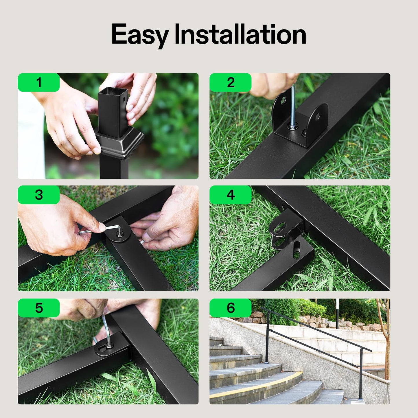 VIVOSUN Outdoor Handrail, 6 Step Stair Handrail, 83" x 36" Fits 1 to 6 Steps, Wrought Mattle Iron Handrail for Concrete Steps, Porch Steps, One-Step Assembly, Black
