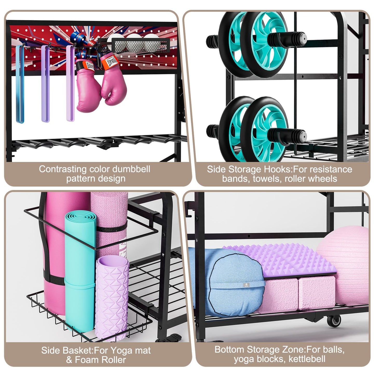 YiiMeeCoo Heavy Duty Dual-Row Dumbbell Rack with Wheels, Home Gym Vertical Storage Stand with Yoga Mat Storage, Space Saving Fitness Equipment Organizer for Home Workout