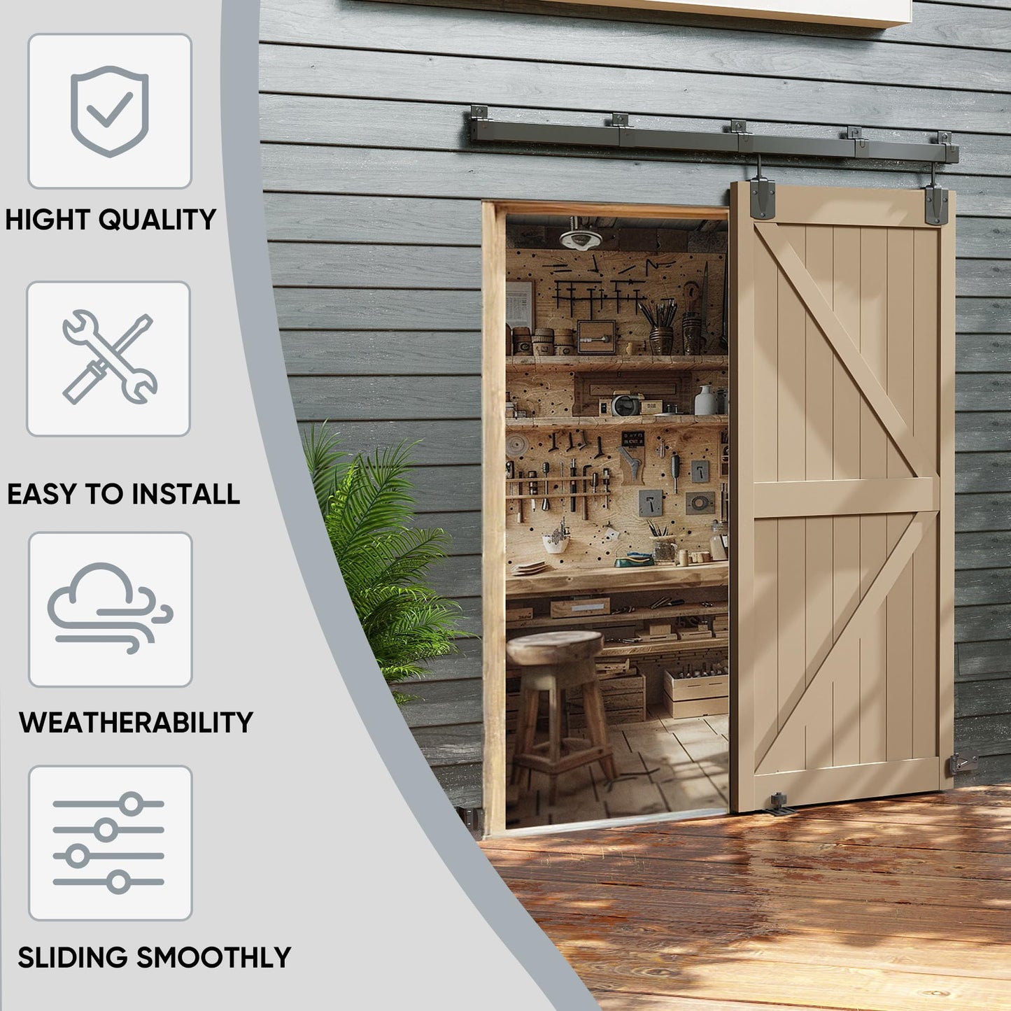 JUBEST 8FT Box Rail Exterior Barn Door Hardware Kit, Heavy-Duty Black Sliding Barn Door Track System, Wall Mount Door Hardware Kits (Door Not Included)