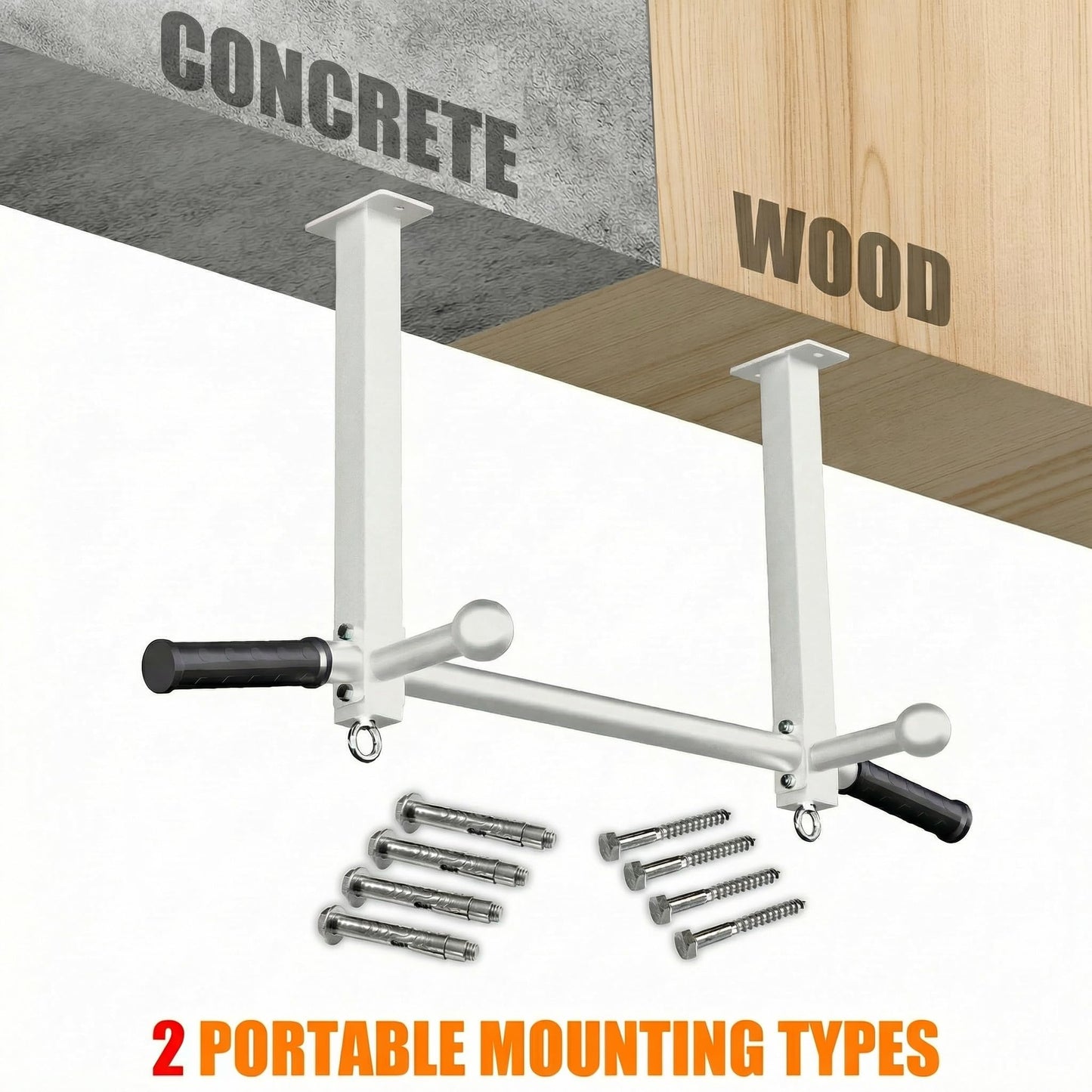 Ceiling Mount Pull Up Bar for Garage/Basement/Rafter - Heavy Duty 600LBS Adjustable Height Multi-Grip Chin Up Bar,Ceiling Joist/Beam (White)