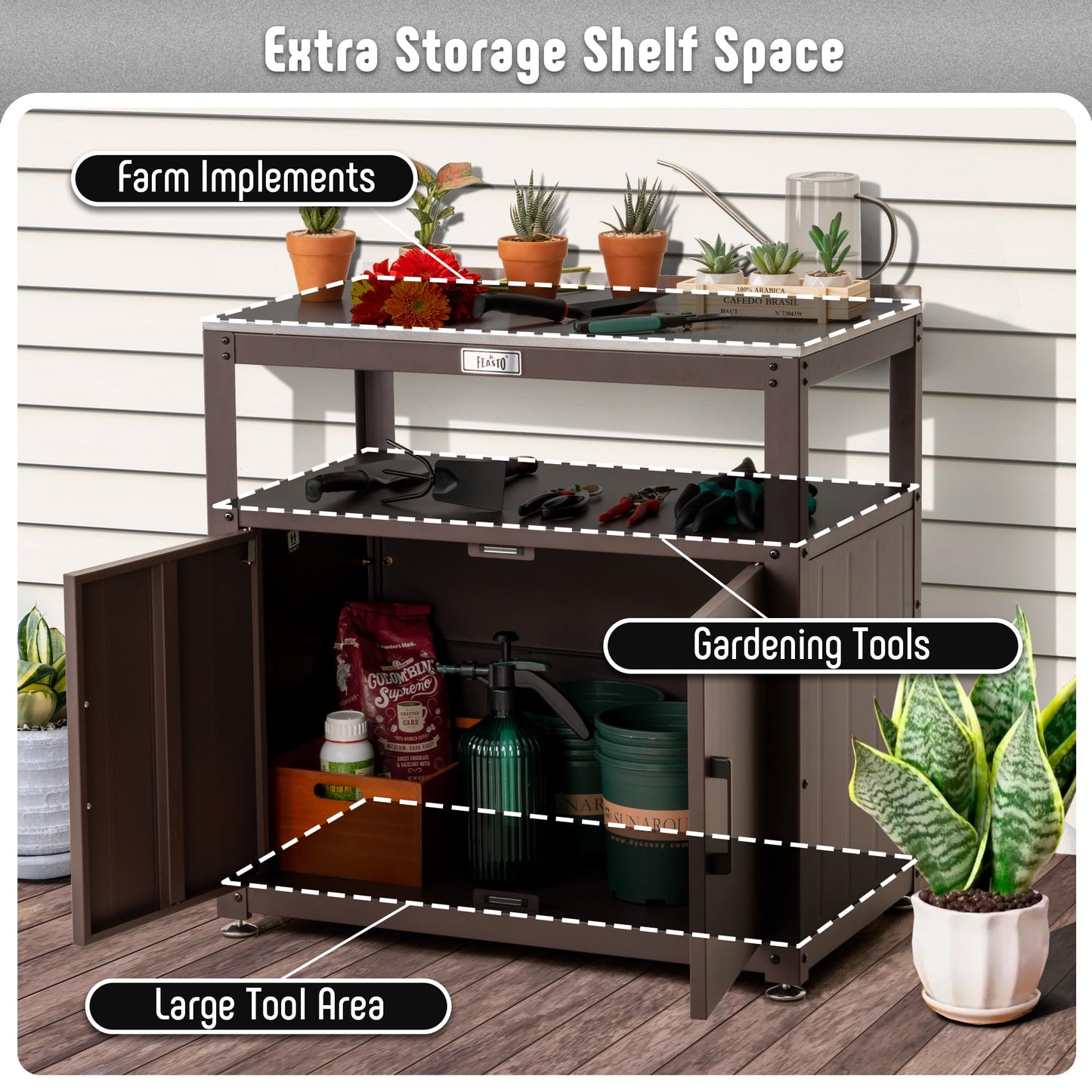 Feasto Outdoor Potting Bench with Storage, Stainless Steel Tabletop Garden Work Bench with Storage Cabinet & Removable Inner Shelf for Patio Lawn Outdoor Gardening