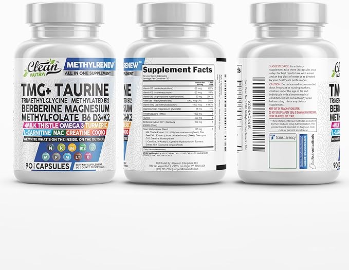 Clean Nutra TMG Supplements 1000mg | Methylated Multivitamin for Women Men | Taurine B6 Vitamins B12 D3 K2 Trimethylglycine Magnesium Methylfolate Milk Thistle NAC COQ10 B Supplement Complex Capsules