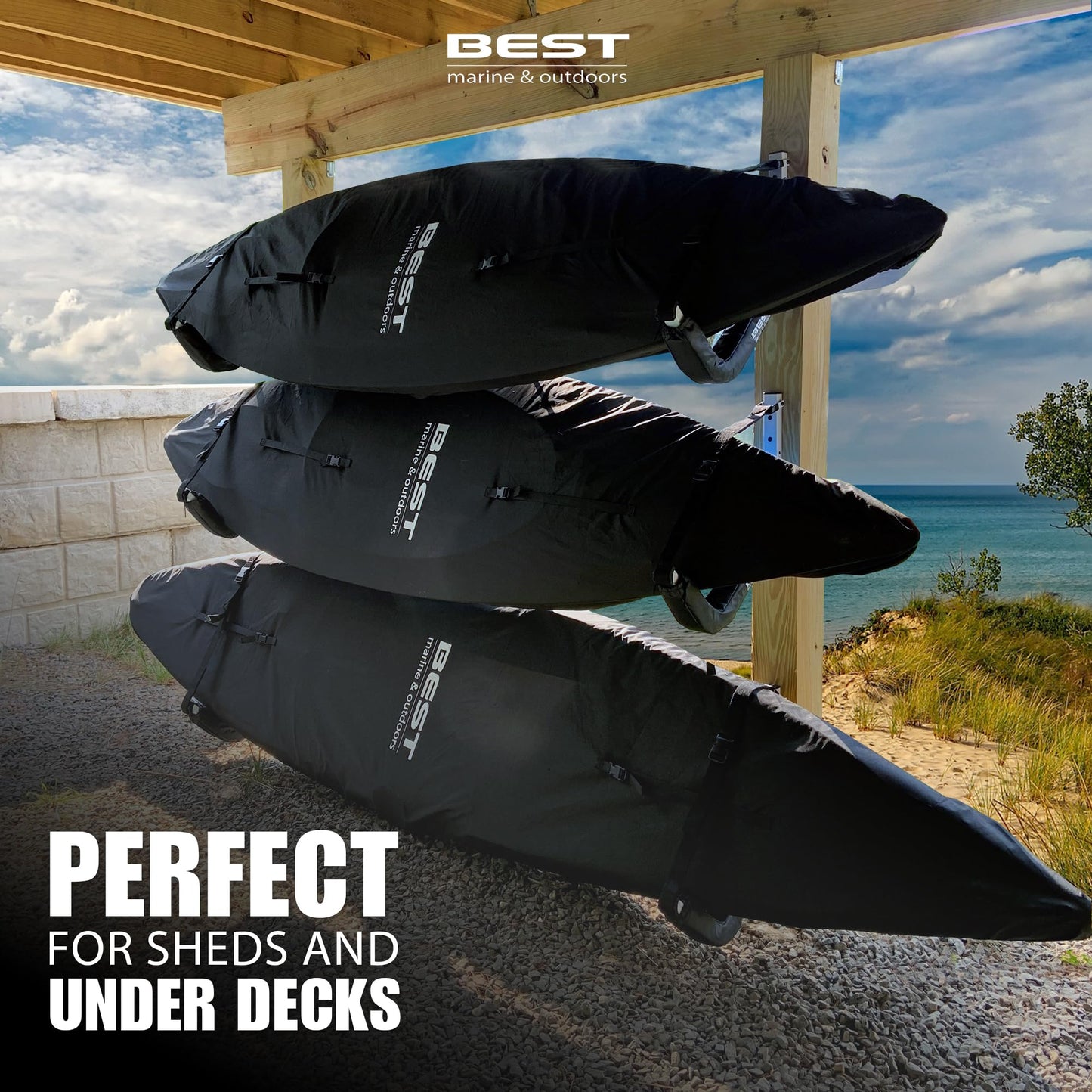 Best Marine and Outdoors Kayak Wall Rack, Heavy Duty 125 lb Capacity, Wall Mount Kayak Storage Rack for Garage, Canoe, SUP & Paddle Board, Indoor/Outdoor Steel Hangers with Foam Padding
