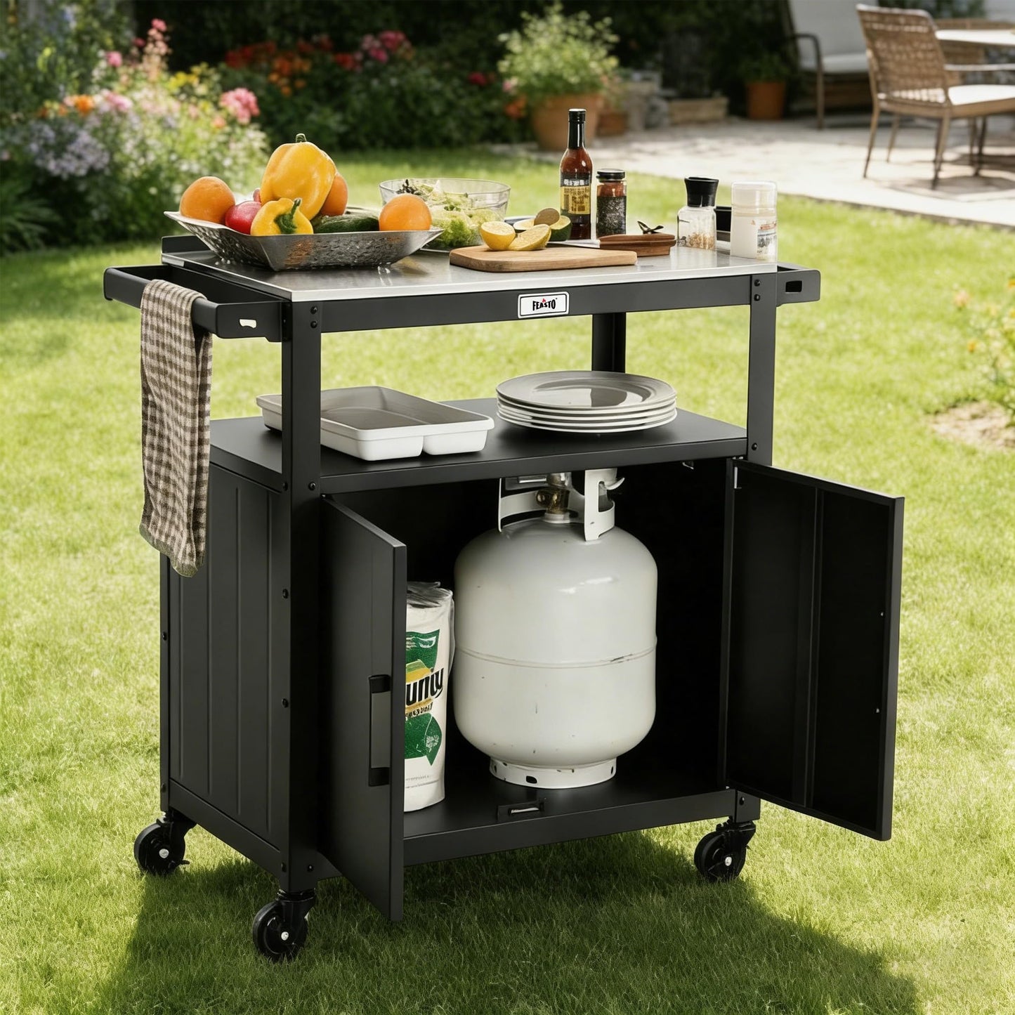 Feasto Outdoor Grill Cart with Stainless Steel Tabletop and Storage Cabinet, Movable Kitchen Island with Wheels for BBQ Food Prep, Black