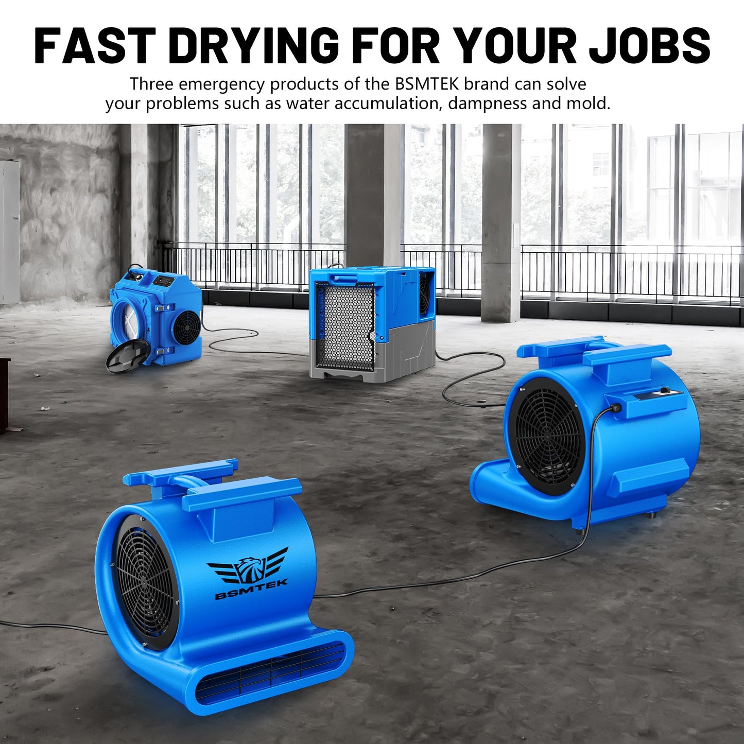 BSMTEK Air Mover Blower Fan, Industrial 1.5HP MAX10000CFM Monster Floor Blower Carpet Dryers - 3 Speeds, 4 Adjustable Angles, 15FT Long Cord, Stackable Blue- 2026 Upgraded