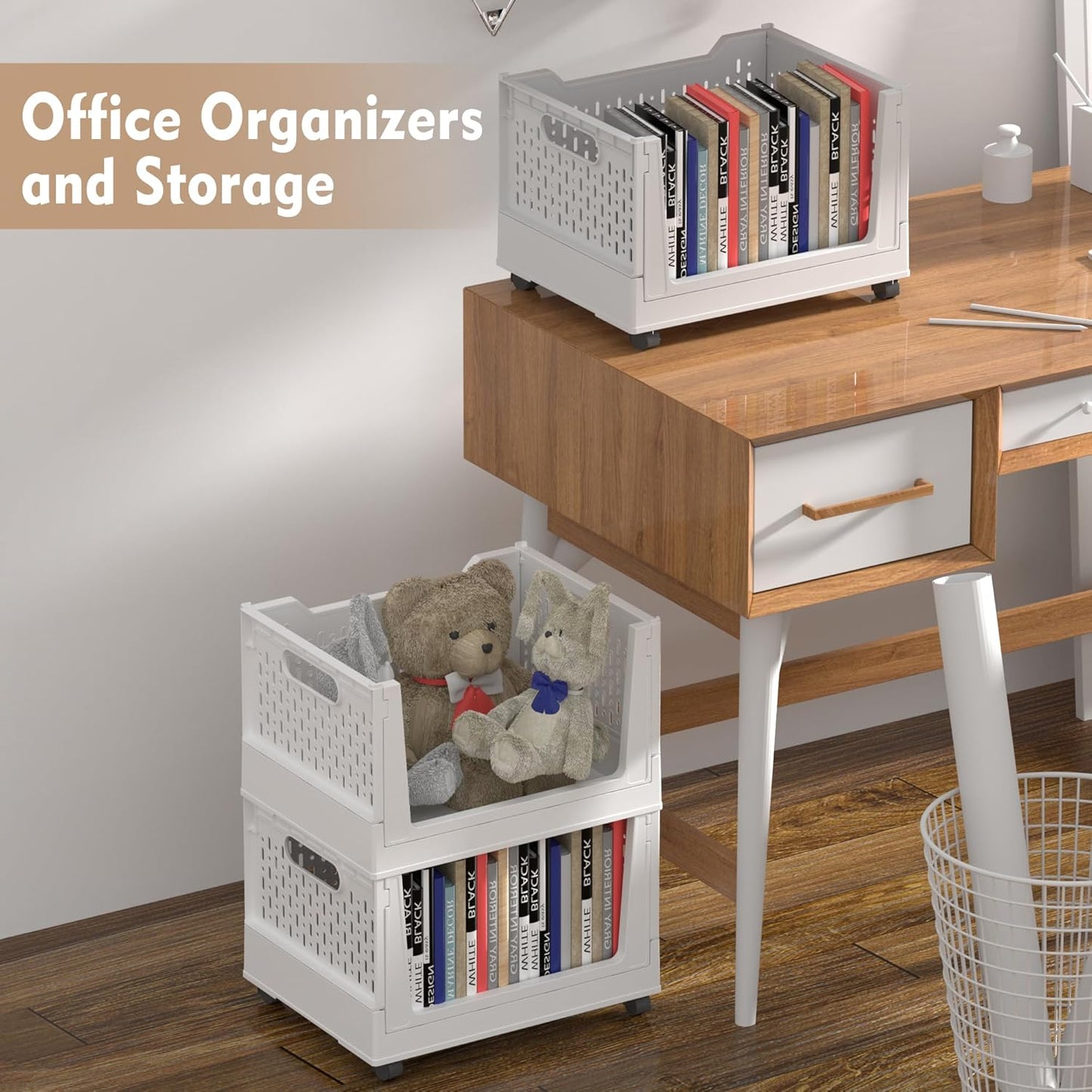 Stackable Plastic Storage Baskets by [Brand Name] - 3 Pack Foldable Organizers with Wheels | Versatile Storage for Home & Office