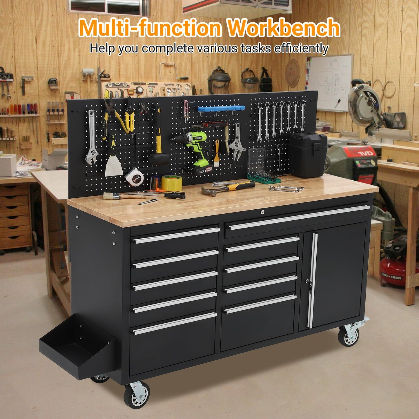 GAOMON 61-inch Rolling Tool Chest, 10 Drawers Garage Workbench Storage Tool Cabinet with Power Strip, Solid Rubber Wood Top, 1675 LBS Load Mobile Workstation, Heavy Duty Rolling Cabinet