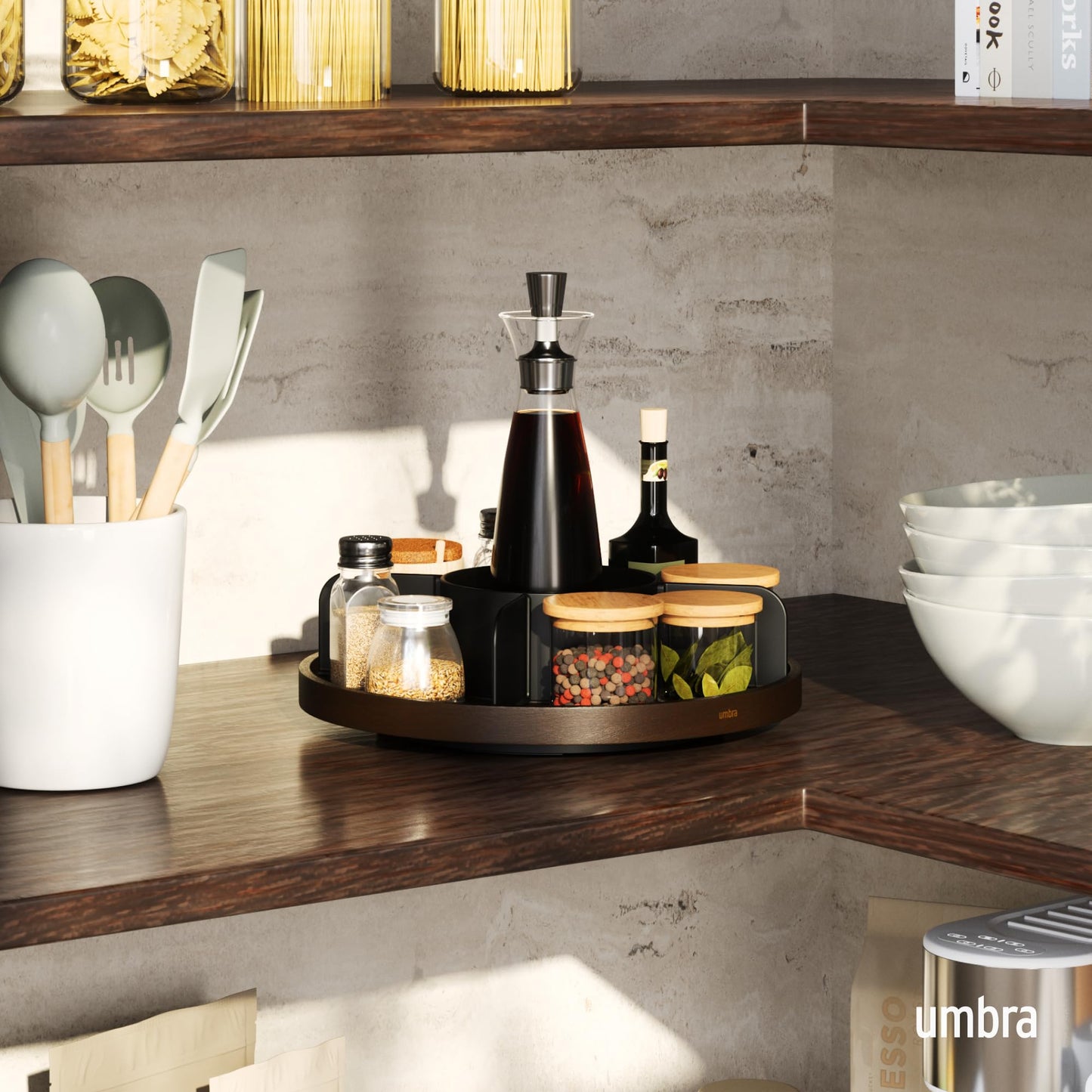 Umbra Bellwood Lazy Susan Divided Tray Organizer for Pantry Spices and More, Made of Durable Plastic and Wood, Black/Walnut