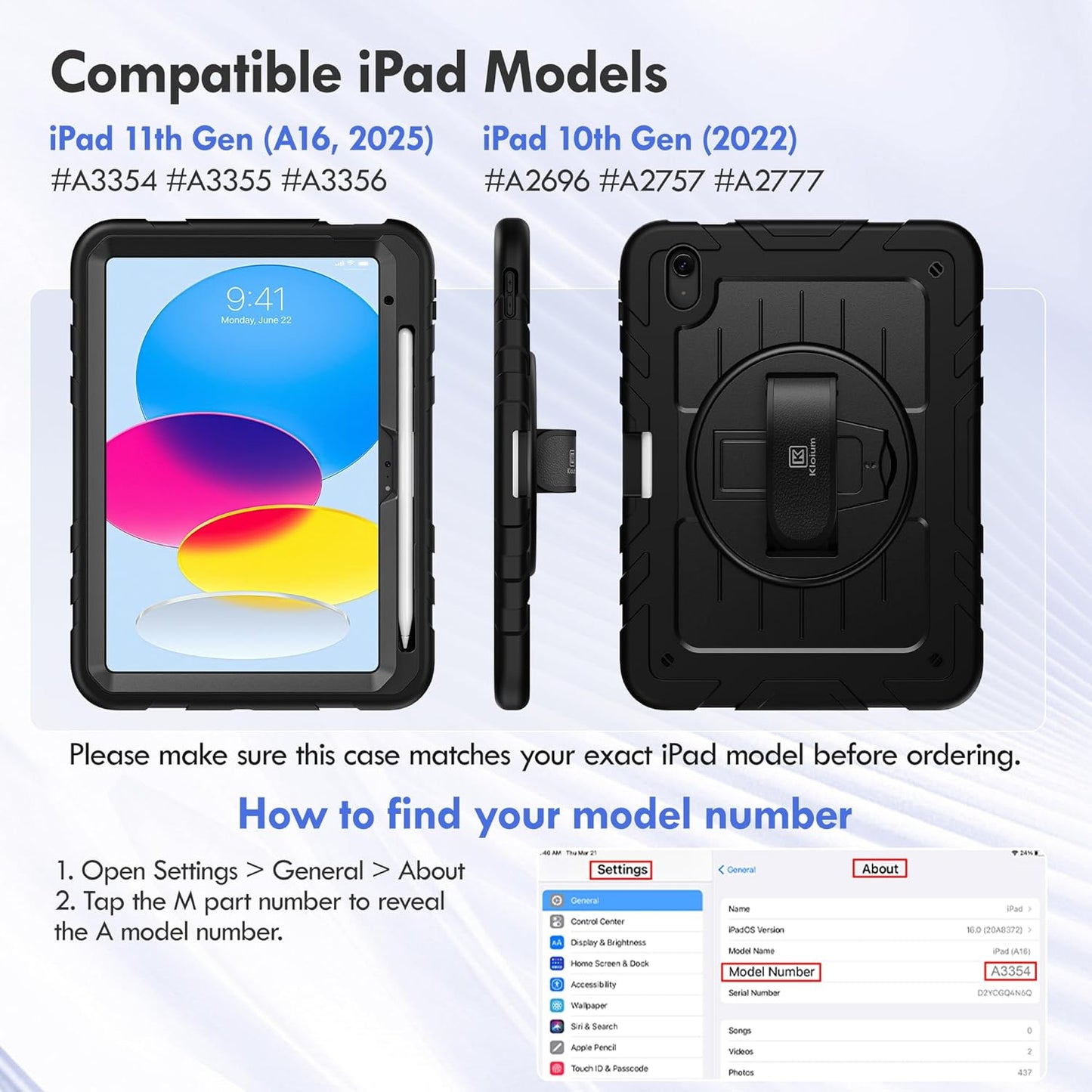 Kloium (A16) 11th (2025) 10th 10.9", 360 Case for iPad Generation & iPad Generation Heavy Duty Shockproof Rugged iPad