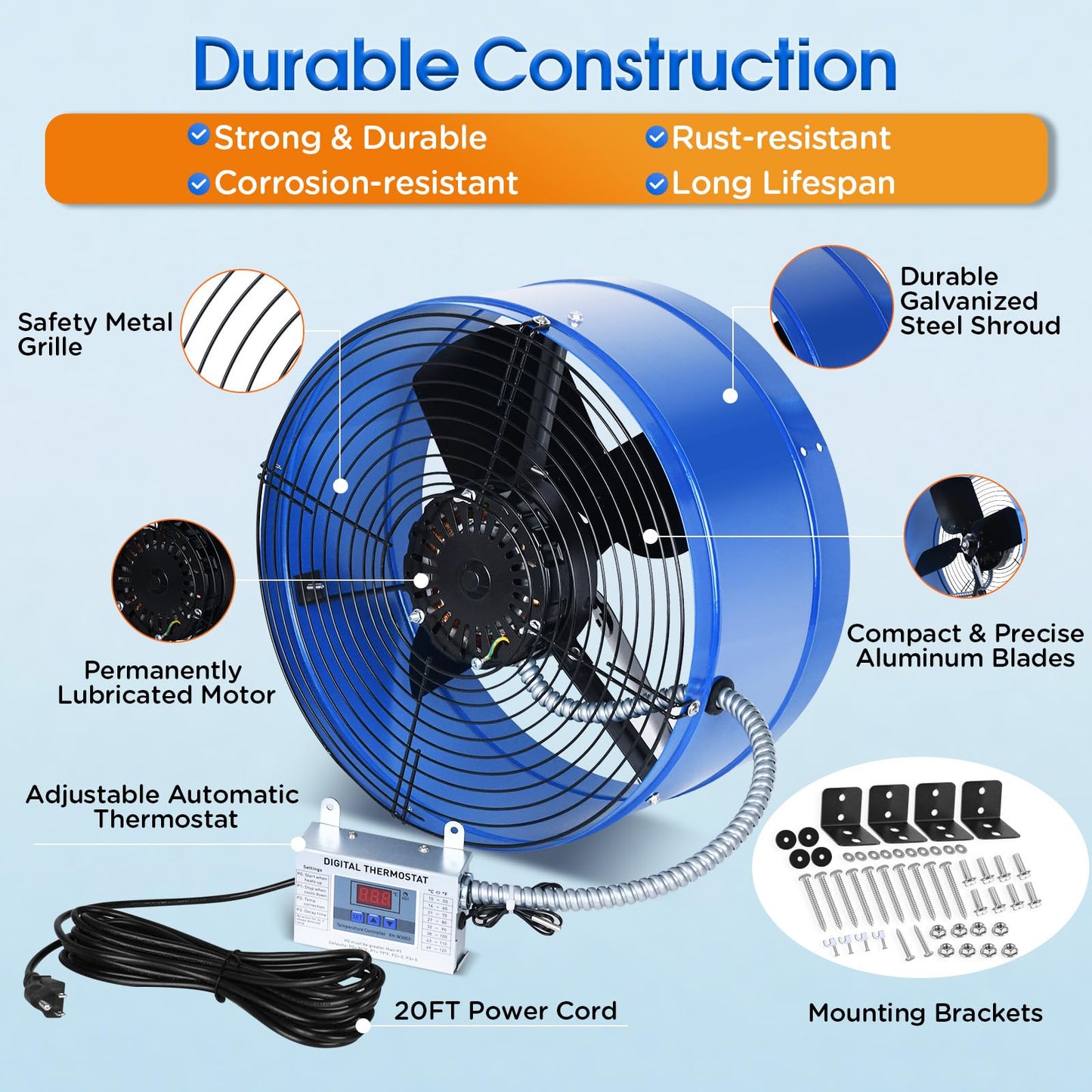 15" Attic Exhaust Fan with Thermostat - 1300CFM Gable Vent Fan with Thermostat Covers 1850 Sq.ft, Plug-and-Play Gable Attic Fans with 20FT Power Cord & 60Hz Motor Low Noise for Home Garage Shed