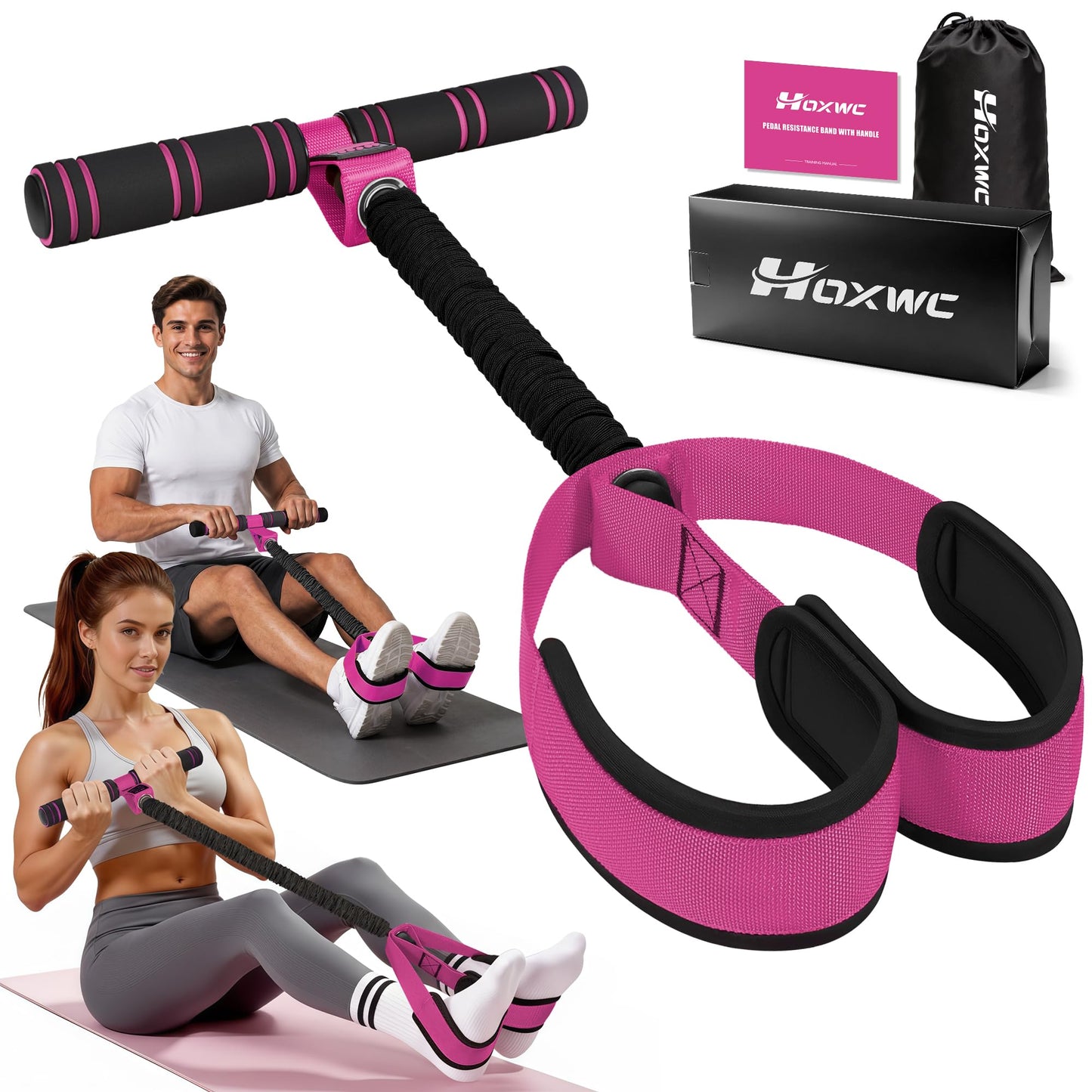 HOXWC Multifunction Pedal Resistance Band with Handle, 50LBS Foot Pedal Resistance Bands for Core/ABS, Arm, Waist, Abdomen, Leg Workout, Portable Sit Up Exercise Equipment for Women