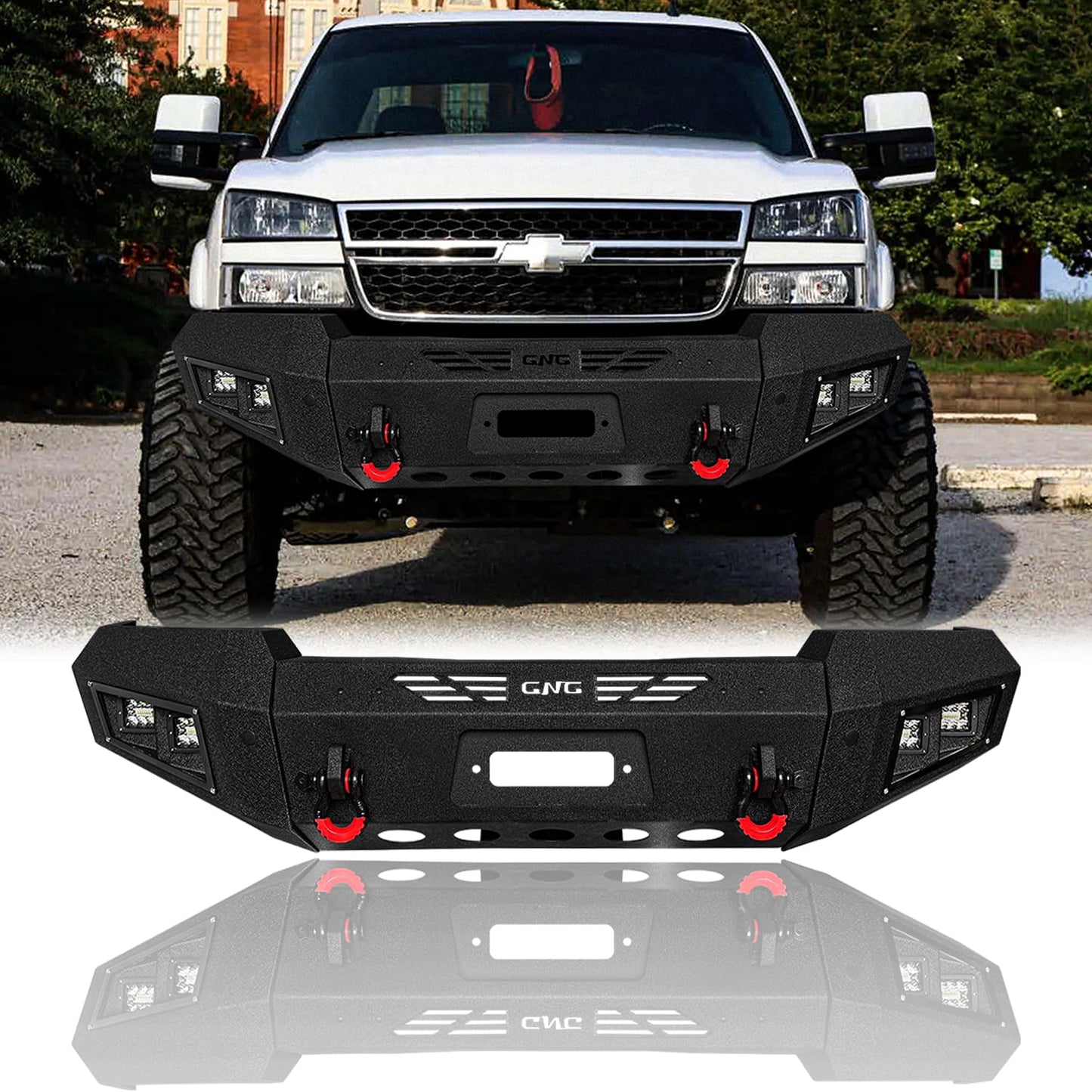 LUYWTE For 2003-2006 Chevy Silverado 1500 Steel Front Bumper With Winch Plate&Square Lights（Black Texture）
