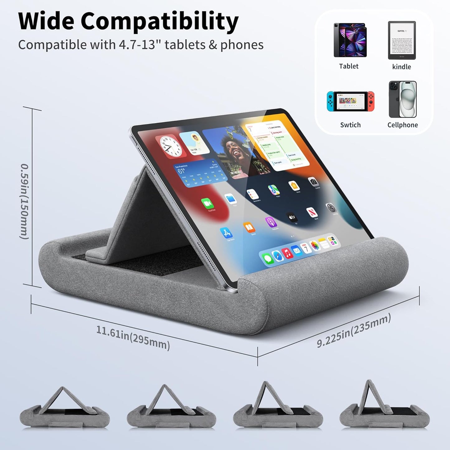 CreaDream 4-13" 11, 13, Tablet Pillow Stand, Foldable Tablet Holder for Lap, Bed and Desk, Soft Pillow Pad with Pocket